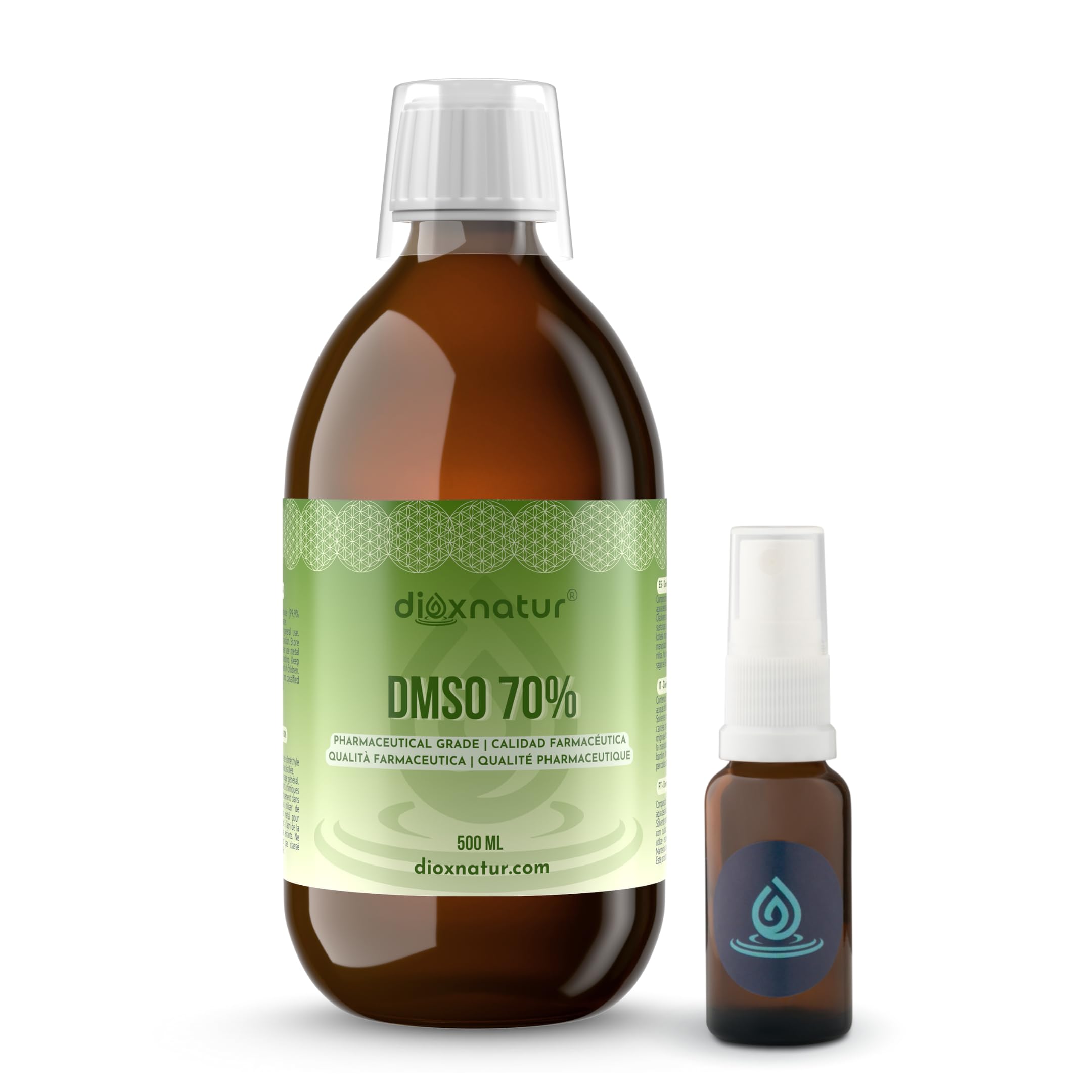 DMSO 70% 500 ml Dimetilsulfóxido, Incluye Spray Botella de Cristal Ámbar