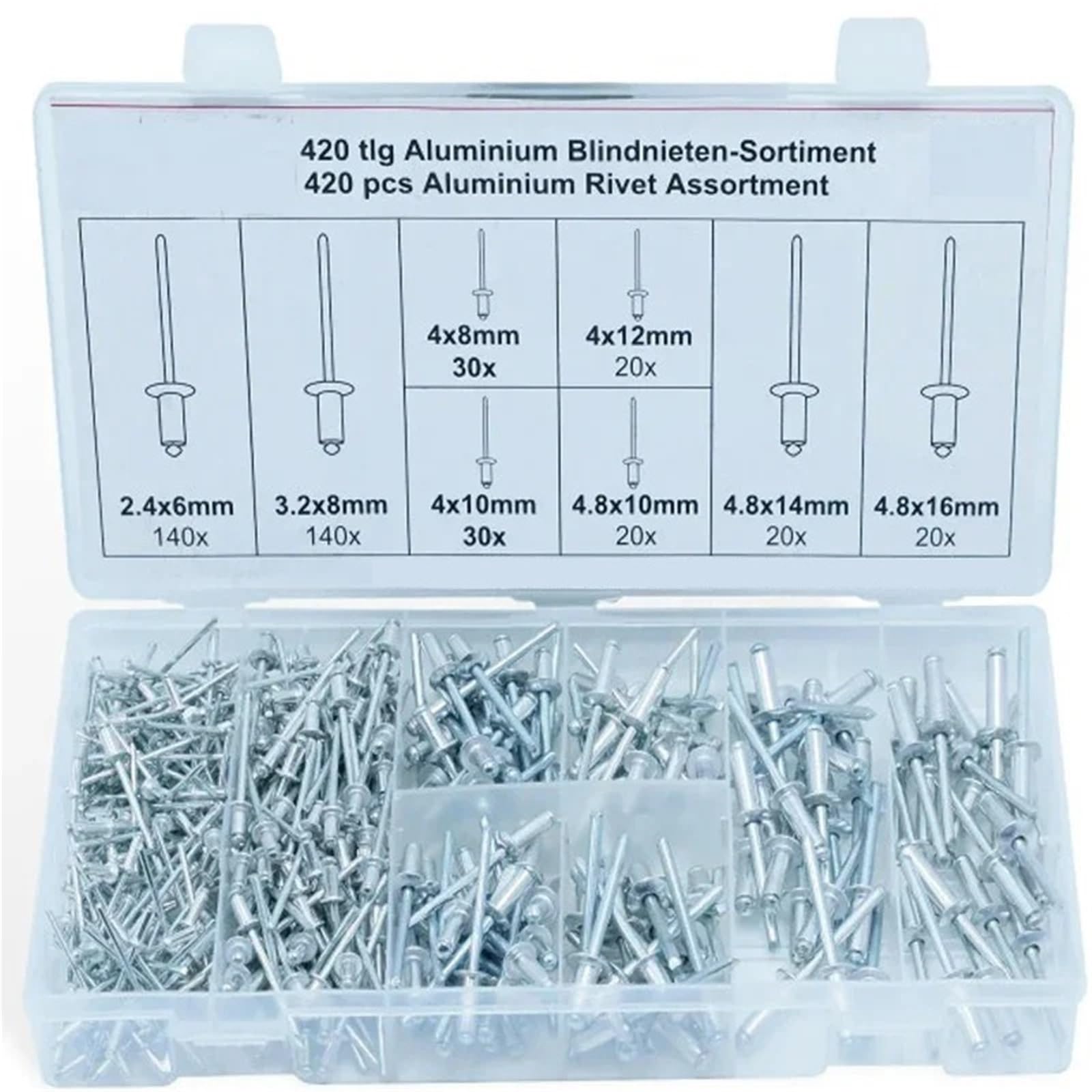 Remaches ciegos de aluminio Juego de remaches ciegos 420 Uds., Kit Pop con cabeza cúpula aluminio, tirador clavos for surtido muebles M2.4/3,2/4/4.8