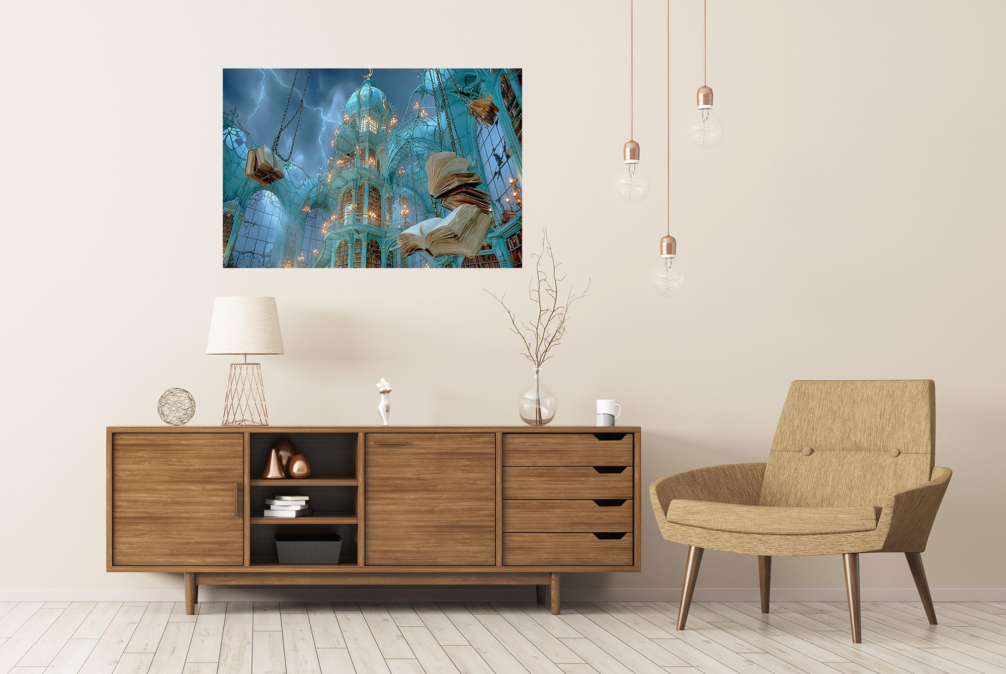 islandburner Poster de qualité supérieure Bibliothèque mystique avec tour Tableau mural Salon pour les amateurs de fantaisie - Grand format