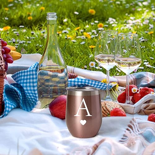 Miniatura 7 de Regalos iniciales personalizados, vaso de vino de acero inoxidable de 12 onzas con cepillo para pajilla, taza insultada de oro rosa, regalo de boda,