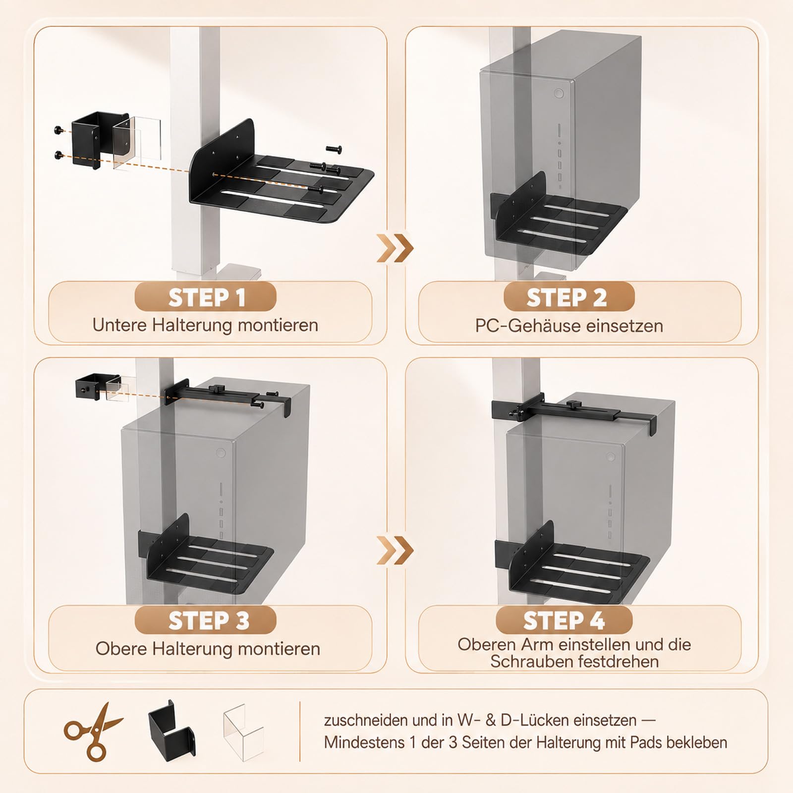 Supporto per PC regolabile sotto la scrivania, supporto CPU regolabile in altezza, solo per gambe del tavolo da 80 × 50 mm, portata 18 kg, supporto da tavolo per PC, per ufficio, casa, aula, senza