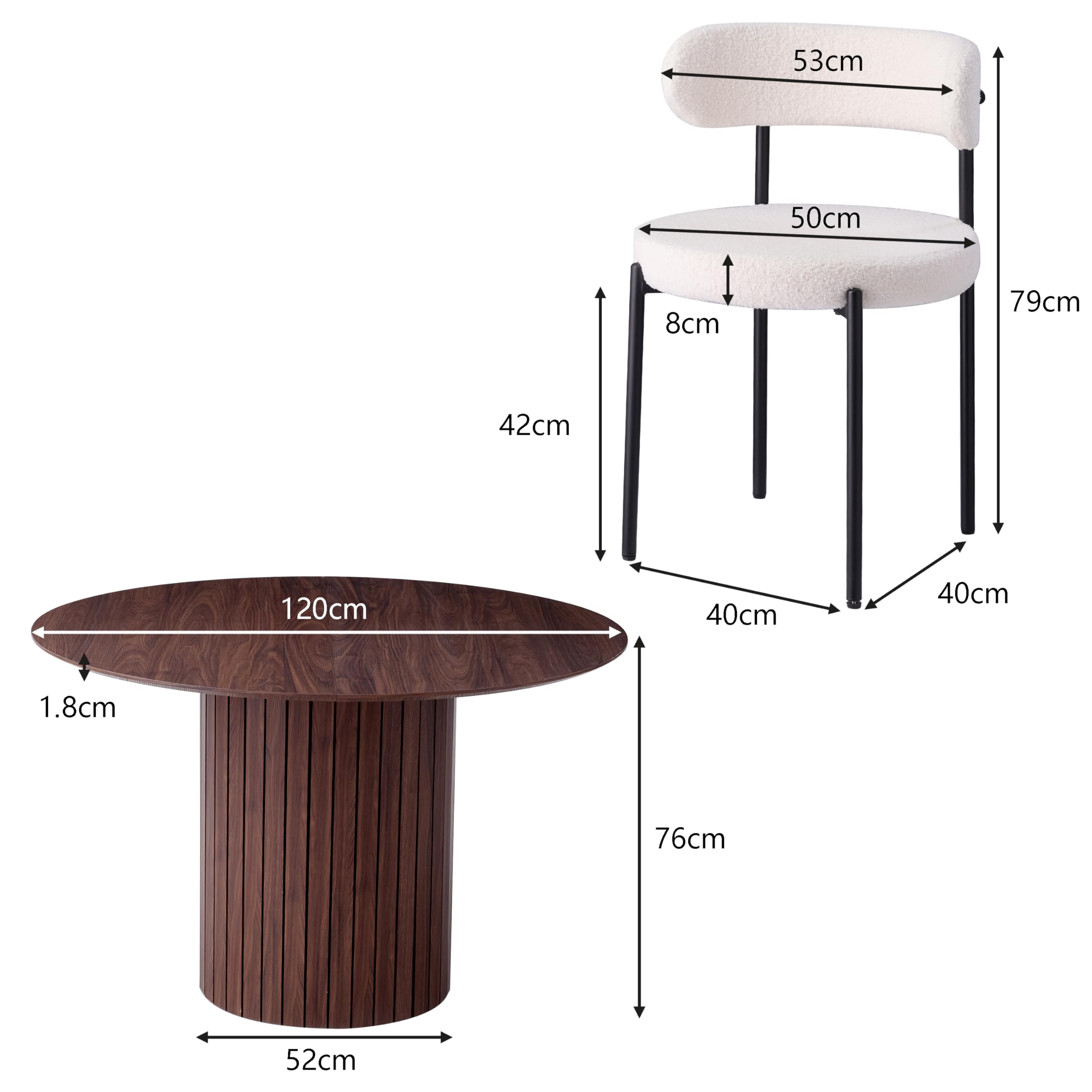GrandCA HOME Set Tavolo e Sedie da Pranzo: Tavolo da Pranzo Rotondo in Legno da 120 cm + 4 Sedie, Per 4-6 Persone, Marrone Scuro + Bianco