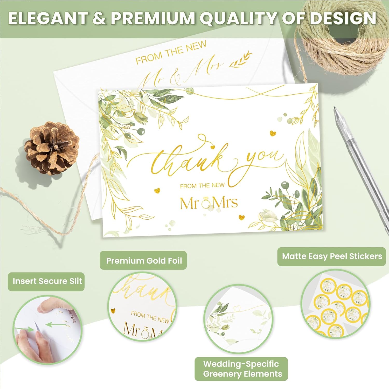 100 Pack Wedding Thank You Cards with Envelopes & Stickers from the New Mr and Mrs - 4x6 Watercolor Olive Gold Foil Blank Thank You Note Cards - Image 3