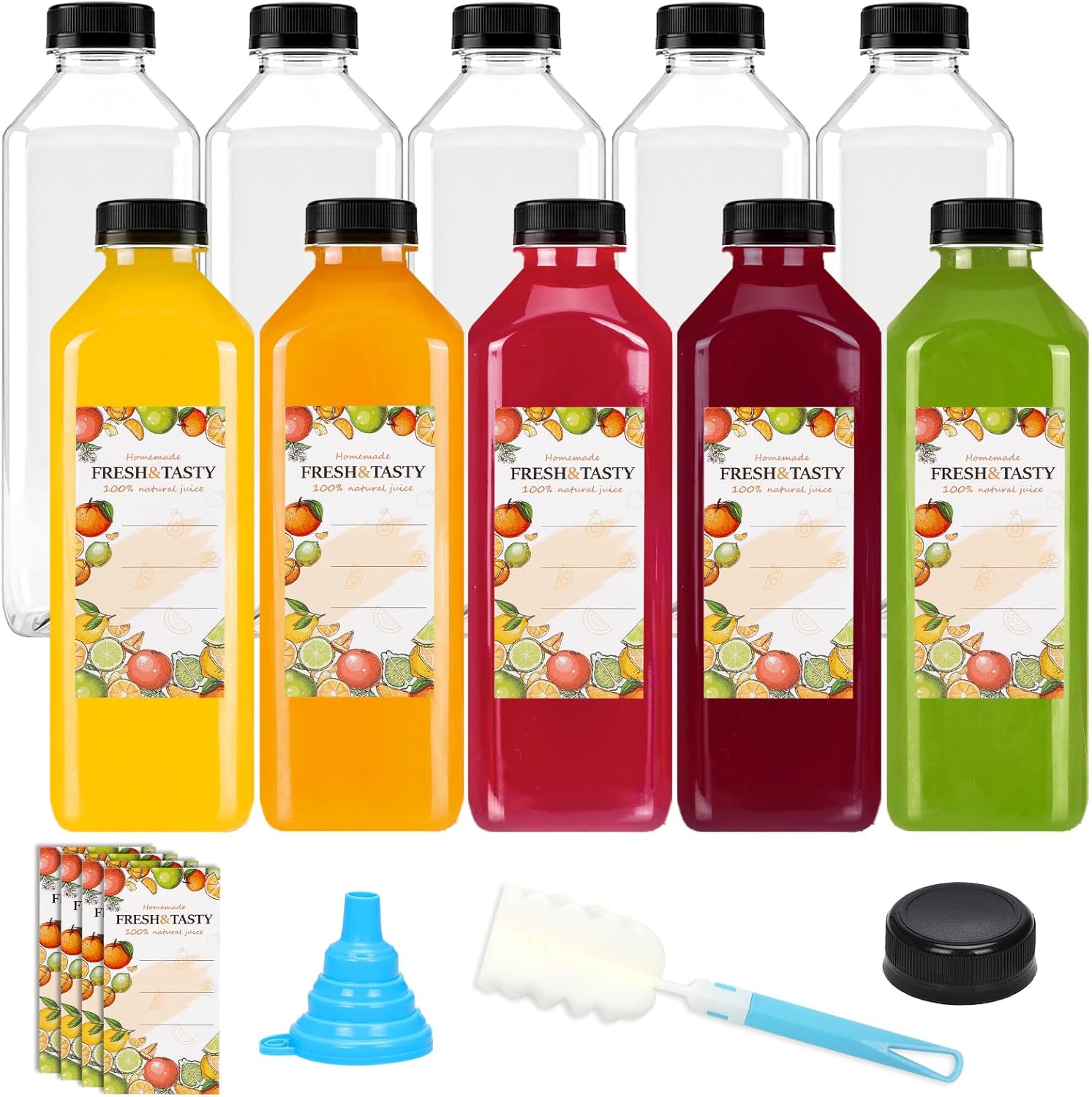 TOMNK 10pcs 33oz Juice Bottles with Caps, Reusable Plastic Juice Bottles with Lids and Labels, Funnel, Brush Beverage Containers for Juicing, Smoothies, Tea, Milk