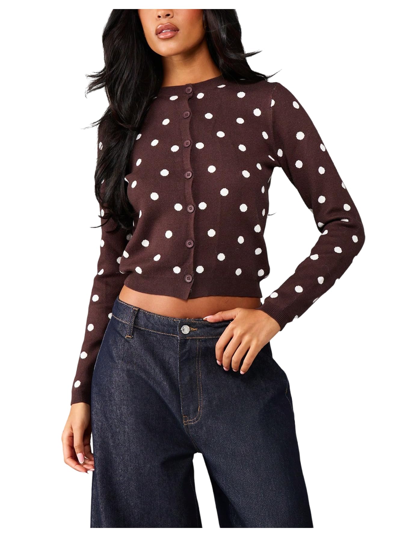 Milumia Womens Polka Dots Button Up Cardigan Sweater Crewneck Long Sleeve Knit Y2k Crop Tops