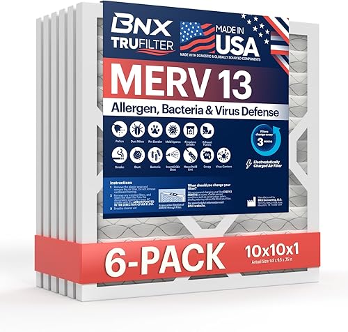 BNX TruFilter - Filtro de aire 10 x 10 x 1 MERV 13, electrostático plisado, para aire acondicionado, HVAC y hornos, para alergias, polen, moho,