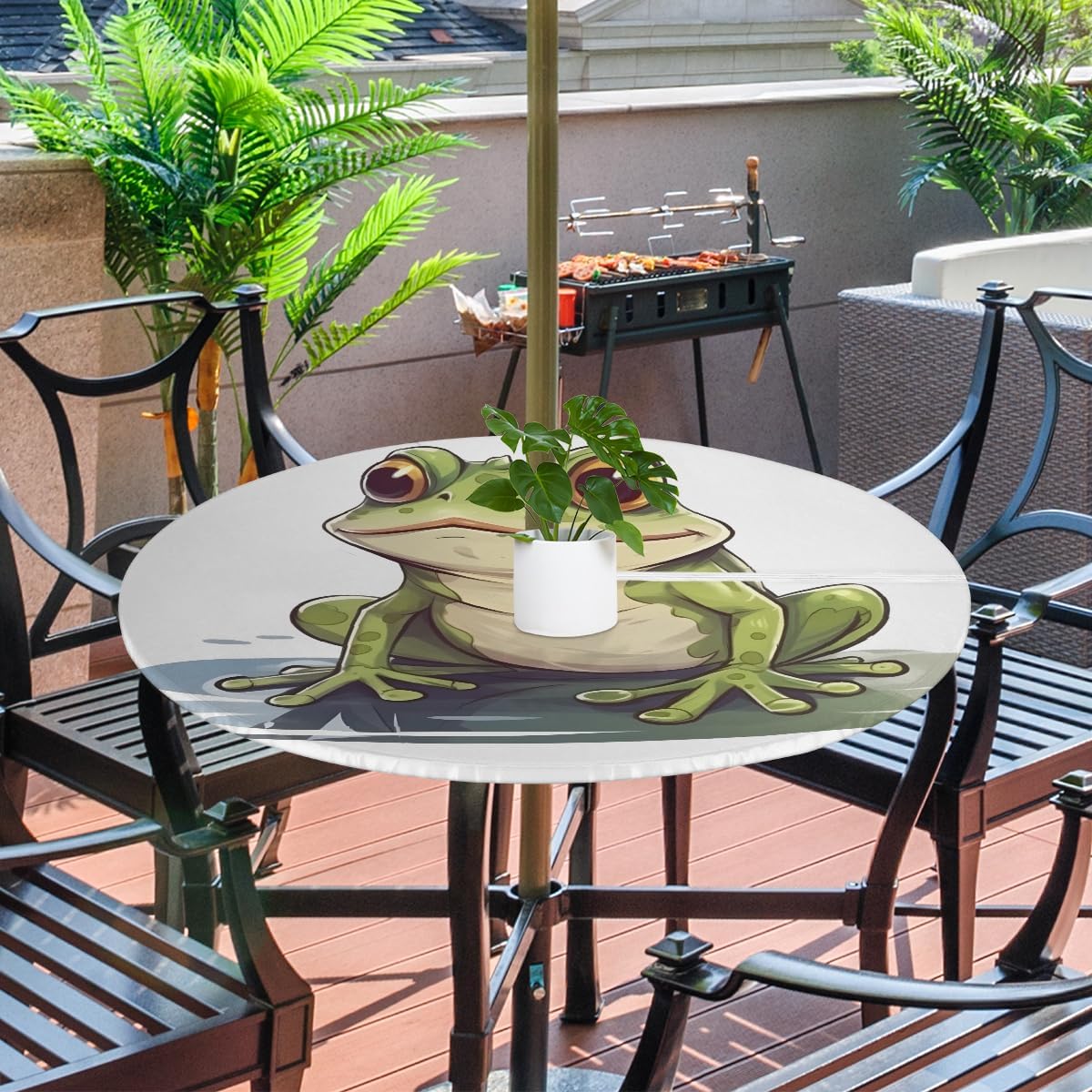 Fitted Round Tablecloth with Umbrella Hole and Zipper Frog Outdoor Elastic Table Cloth 45"-56" Oil-Proof Waterproof Green Frog Patio Table Cover for Picnic Party