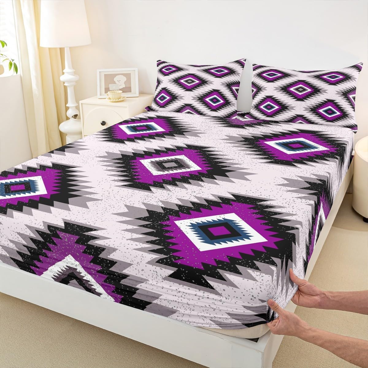 Kids Southwest Native American Design Sheet Set King Purple Grey Geometric Bed Sheets Set for Boys Girls Bedroom Decor Tribal Sheets with Deep Pocket Fitted Sheet Set Women Men With 2 Pillow Case