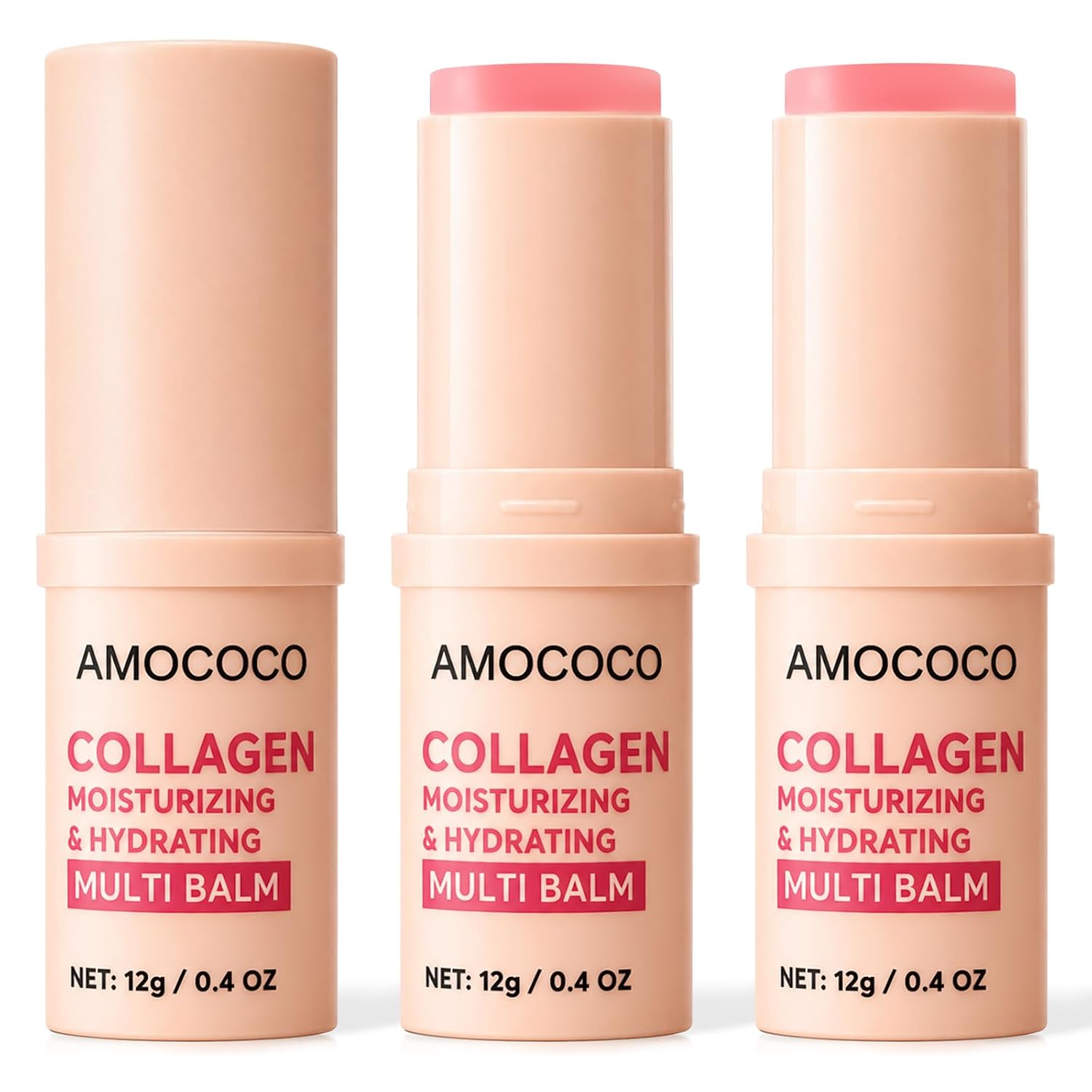 3Packs Multi Collagen Stick, All-in-One Hydrating Lip Balm Eye Cream Neck Cream Make Up Base, Hydrating Face Balm Stick, Compact Moisturizer for Anti-Aging and Watery Glow Skin Care, 12g*3