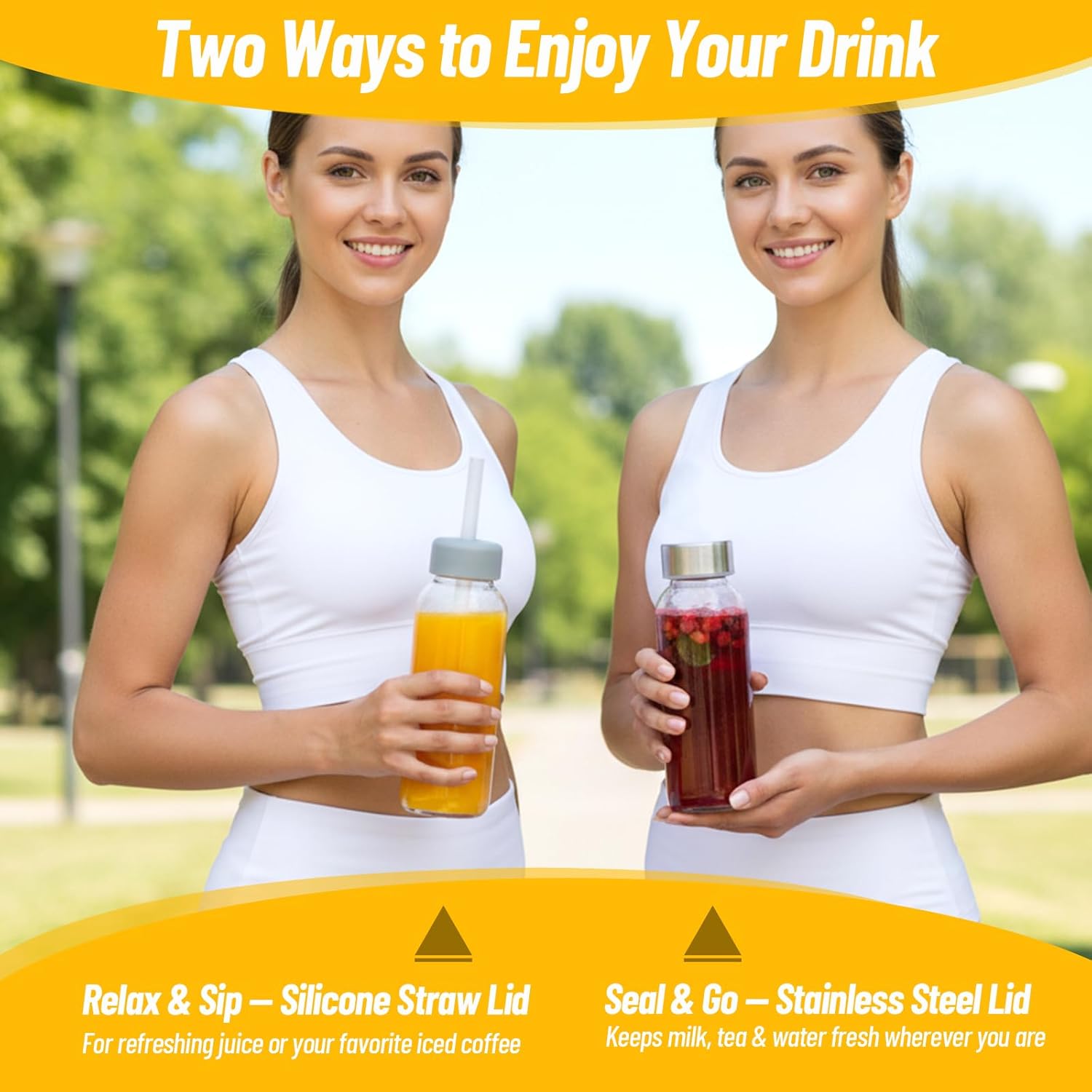 10 oz Clear Glass Bottle with Lid, Reusable Glass Water Bottles with Stainless Steel Cap & Straws for Juicing, Milk, Ginger & Smoothies, Refrigerator, Leak-Proof, Juice Containers Set of 6 - Image 6