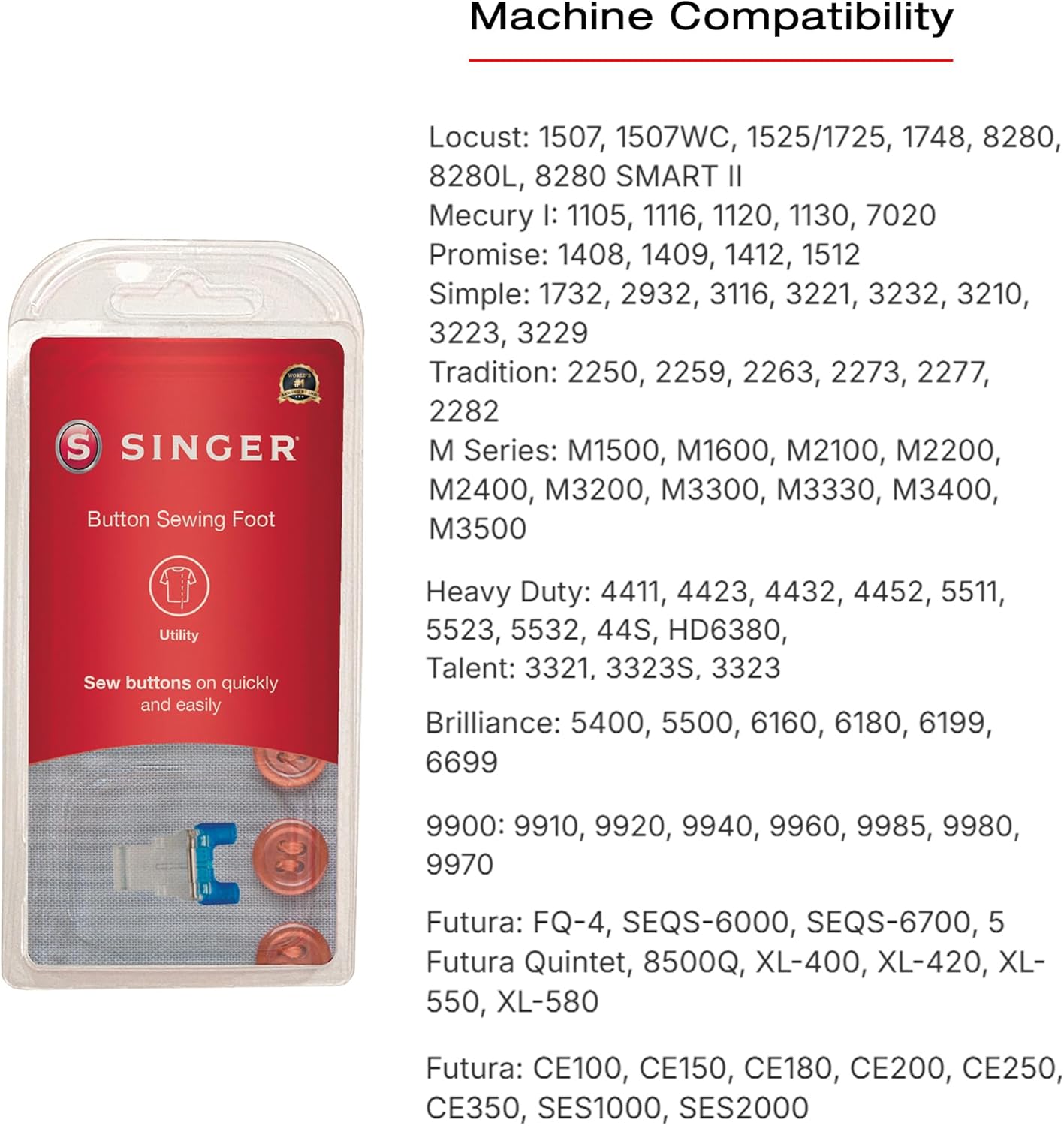 Image showing a list of compatible SINGER sewing machine models for the Button Sewing Foot