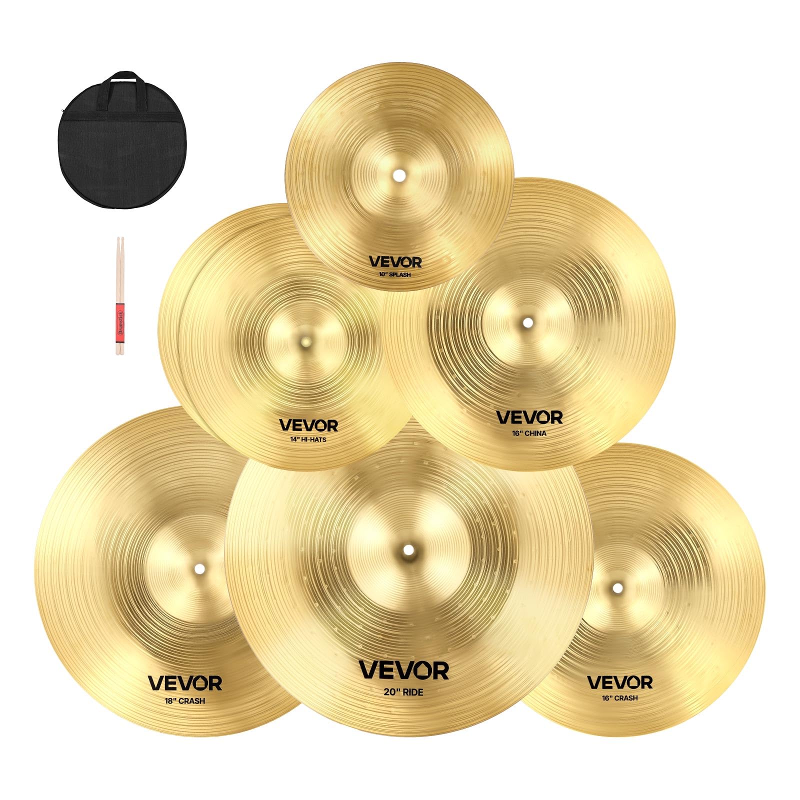 VEVOR Cymbal Pack, 7 Pieces Cymbals for Drum Set, Alloy Cymbals Drum Set Includes 14" Hi-Hats, 16" Crash, 18" Crash, 20" Ride, 10" Splash, 16" China, Drumsticks & Cymbal Bag