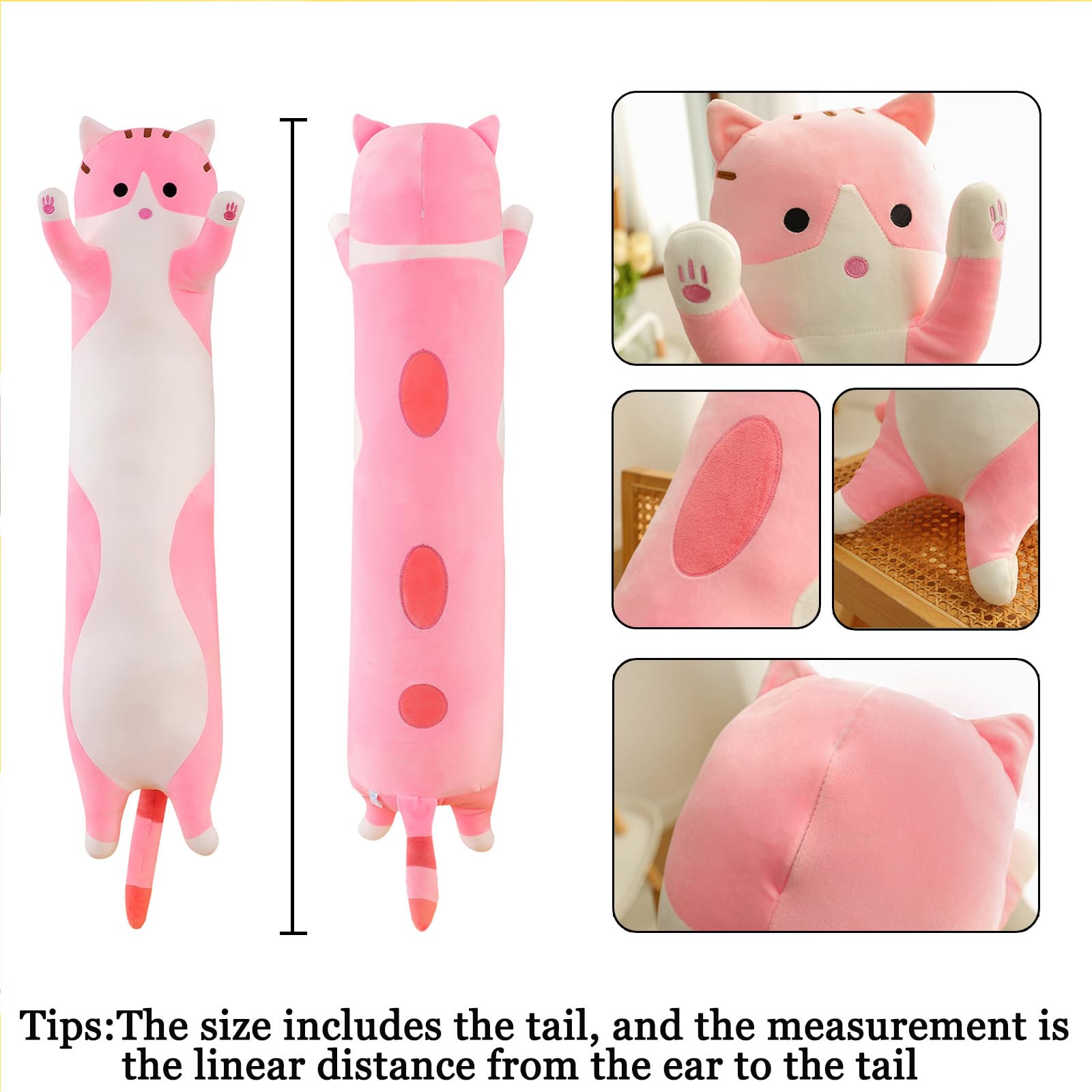 Lang Kat Pluche Kussen Zacht Kat Knuffelkussen Opgevuld Dierenkussen Schattig Kitty Slaapkussen Cadeau voor Kinderen(70cm,Zwart