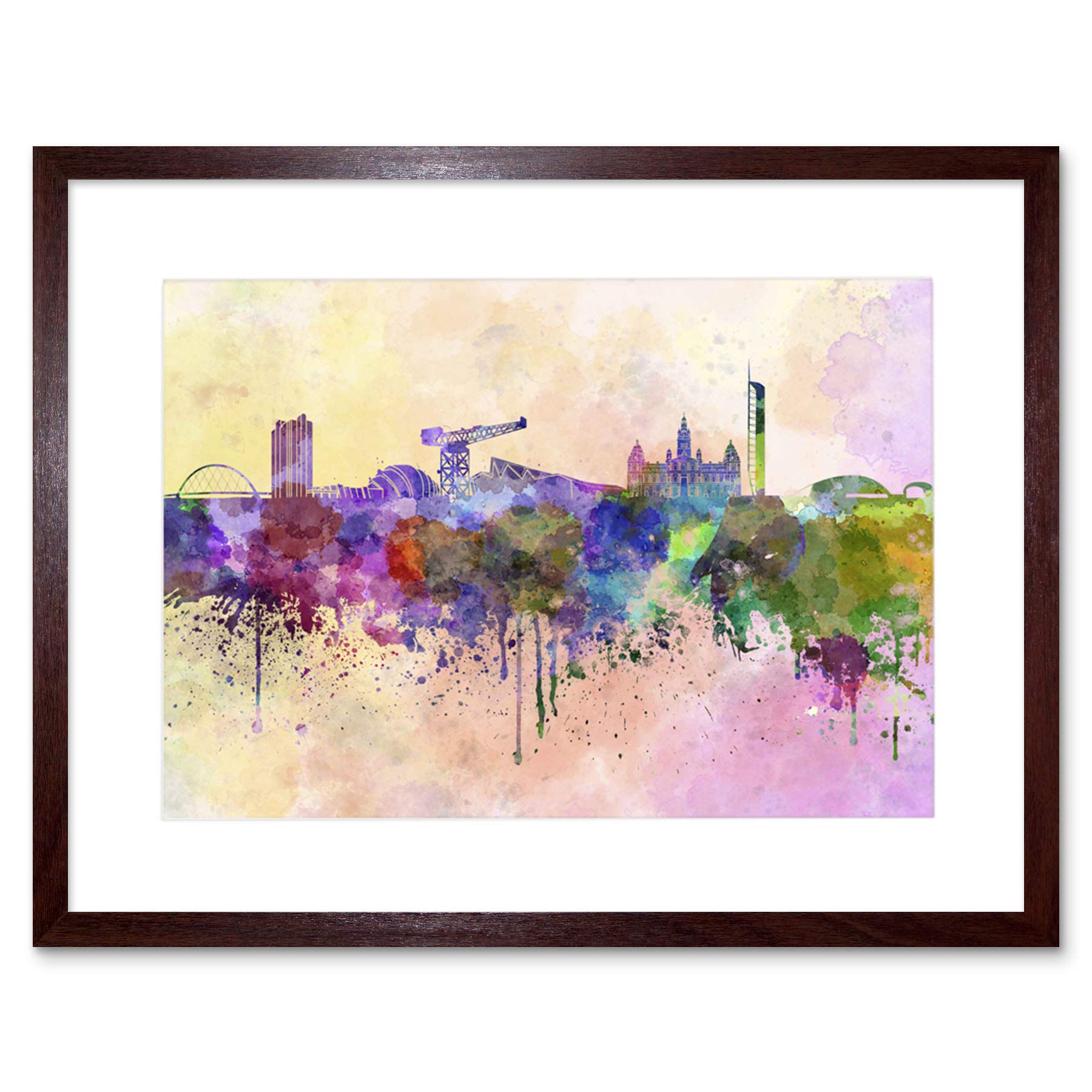 Wee Blue Coo Brown Painting Cityscape Paint Splash Skyline Glasgow Framed Wall Art Print