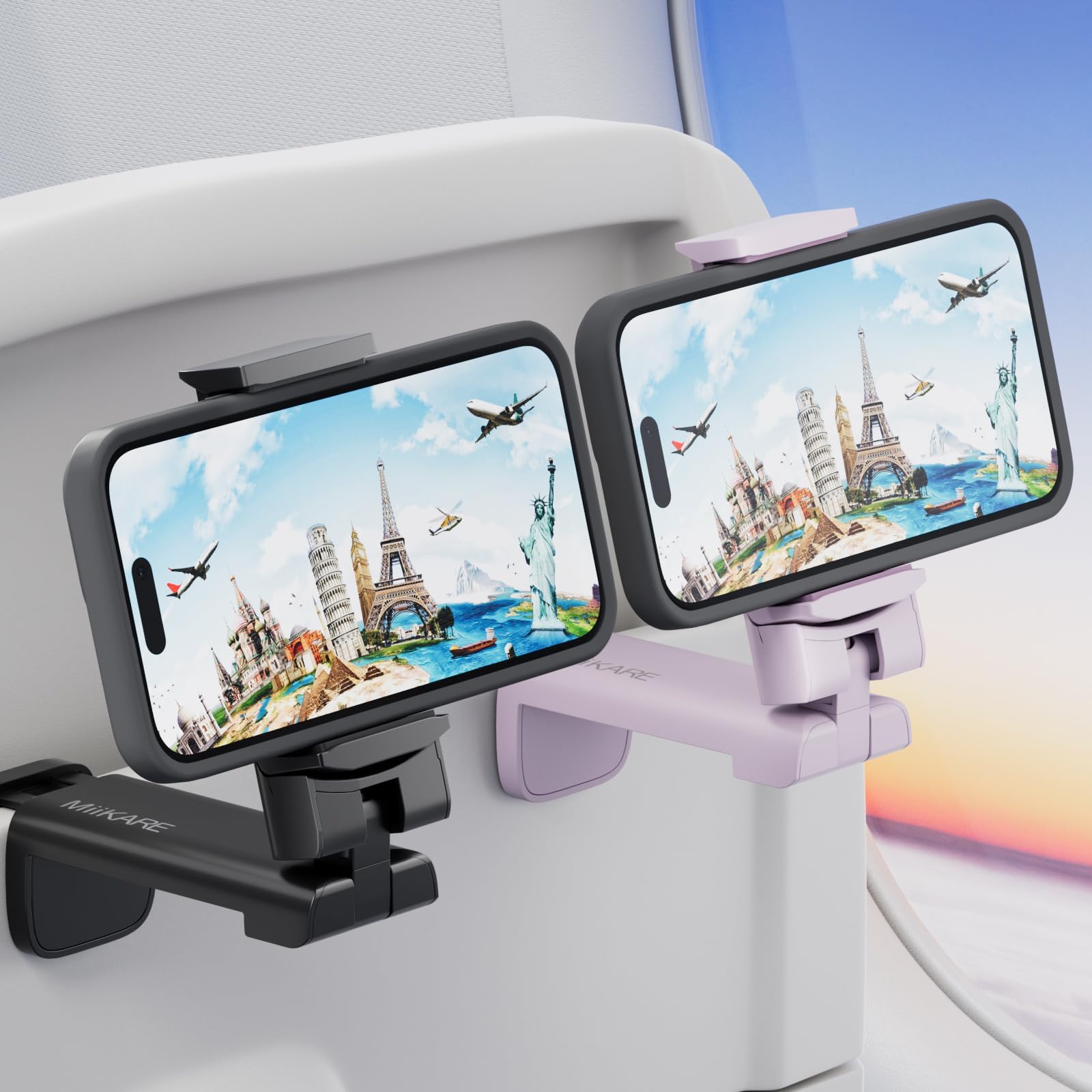MiiKARE Travel Essentials Airplane Phone Holder, Universal Handsfree Phone Mount for Flying with 360 Degree Rotation, Travel Must Haves Phone Stand for Desk, Tray Table, Black&Purple