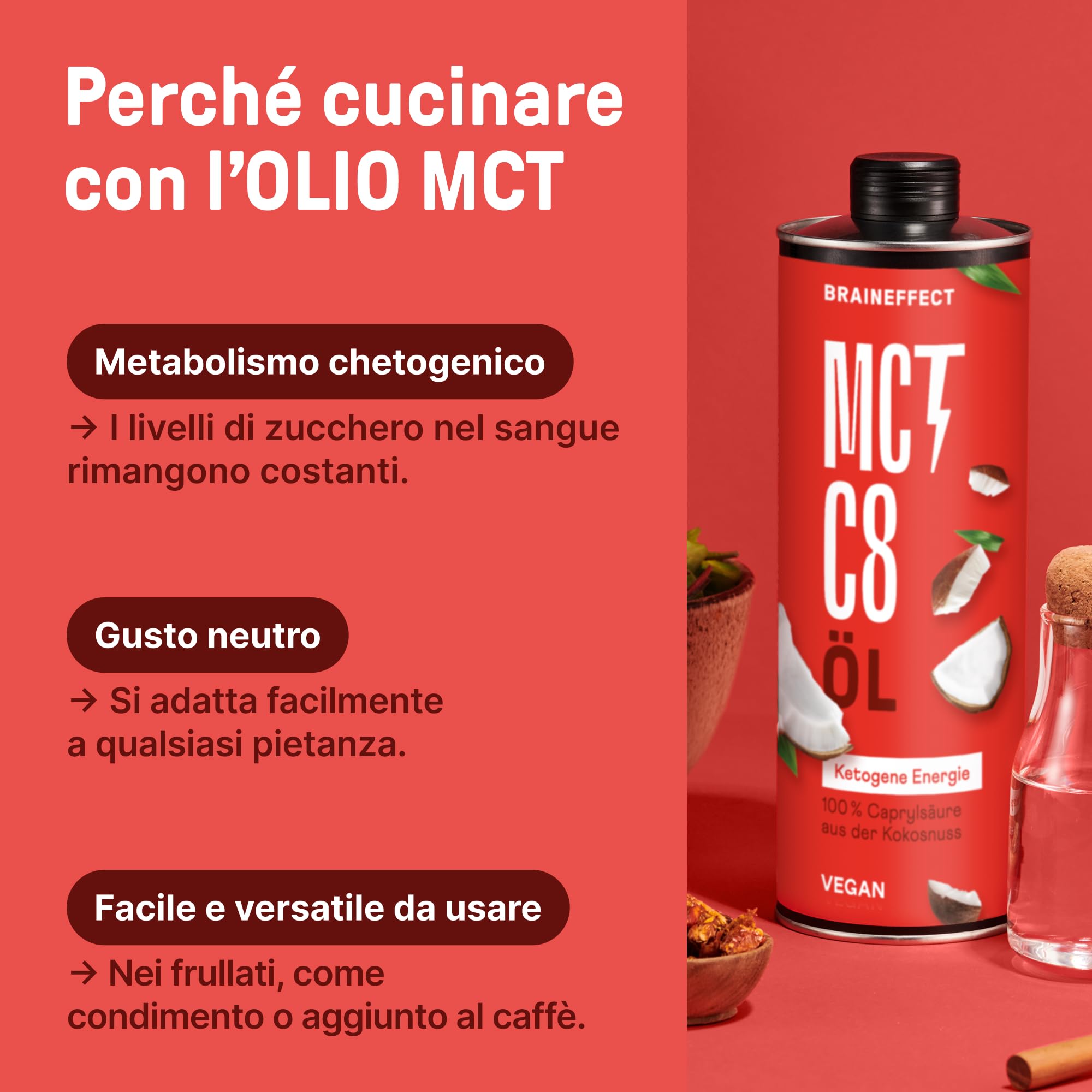 BRAINEFFECT Olio MCT 100% C8 - Qualità tedesca - Olio C8 puro (senza C10) da estratto di cocco di alta qualità - 1000 ml - Bottiglia metallica protettiva