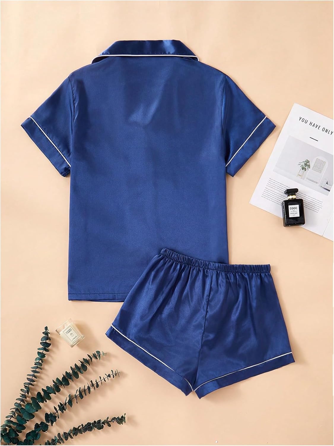 Floerns Women's 2 Piece Pajama Set Satin Short Sleeve Button Down Shirts and Shorts Set - Image 2