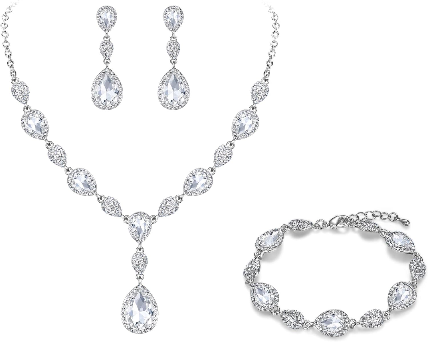 EleQueen Women's Wedding Bridal Jewelry Sets for Brides Bridesmaids, Cubic Zirconia Teardrop Necklace Tennis Bracelet Dangle Earrings Jewellery Set