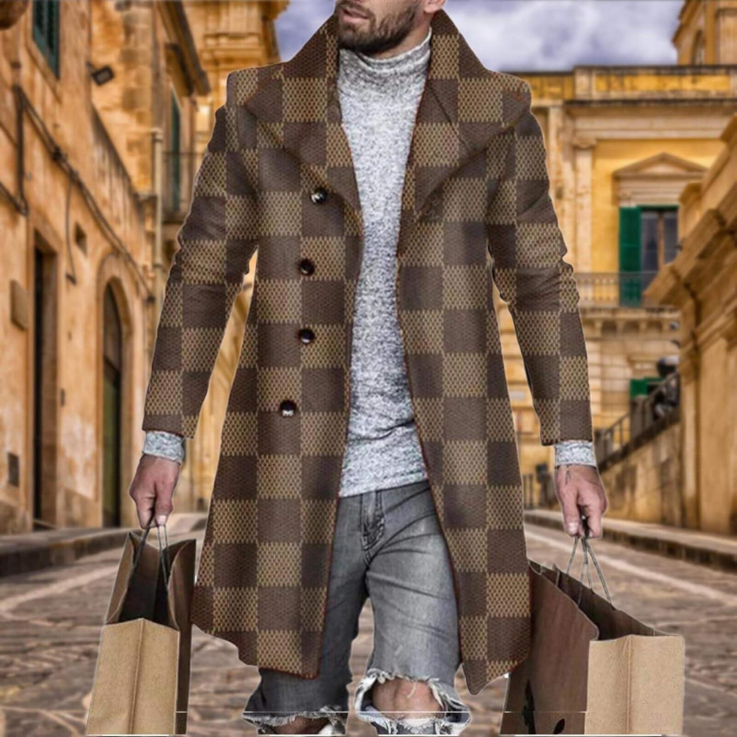 Men's Plaid Long Trench Coat Mid - Length Lapel Collar Button Down Warm Overcoat for Winter & Autumn Fashion - Image 4