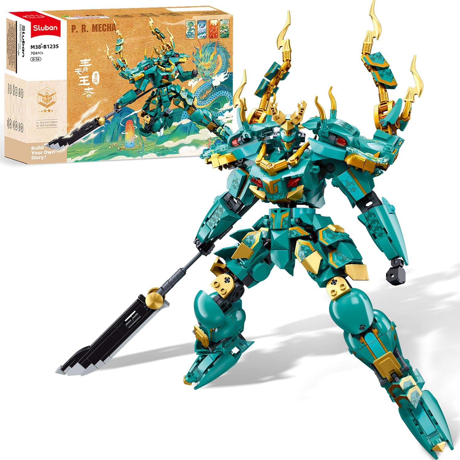 Mech Robot Building Set for Adults, Green Dragon Samurai Action Figure with Weapons, 704 PCS Ninja Toy Building Set, Collectible Gift for Kids Ages 8+