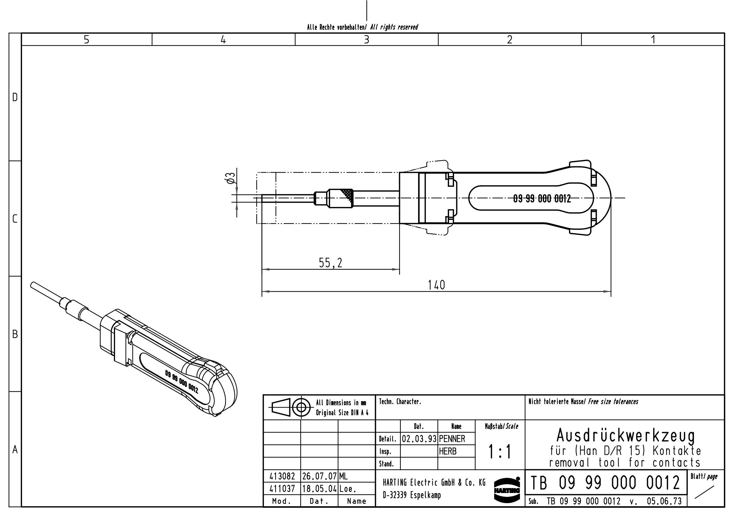 Harting 09990000012 Outil d'Extraction pour Contacts Han D | Outil de démontage manuel pour déverrouiller et expulser les contacts à sertir, conforme à la norme RoHS et sans plomb.