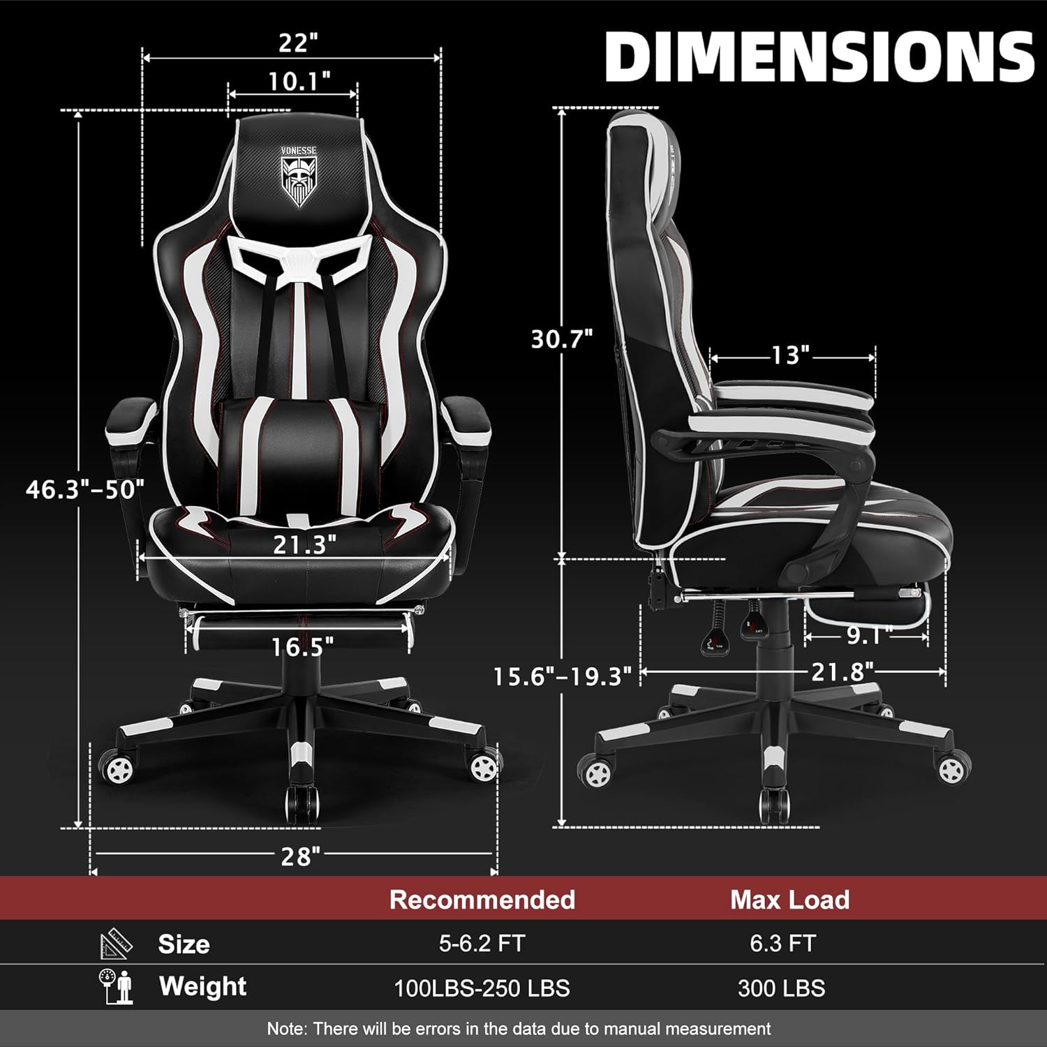 Diagram showing detailed dimensions of the Vonesse Gaming Chair