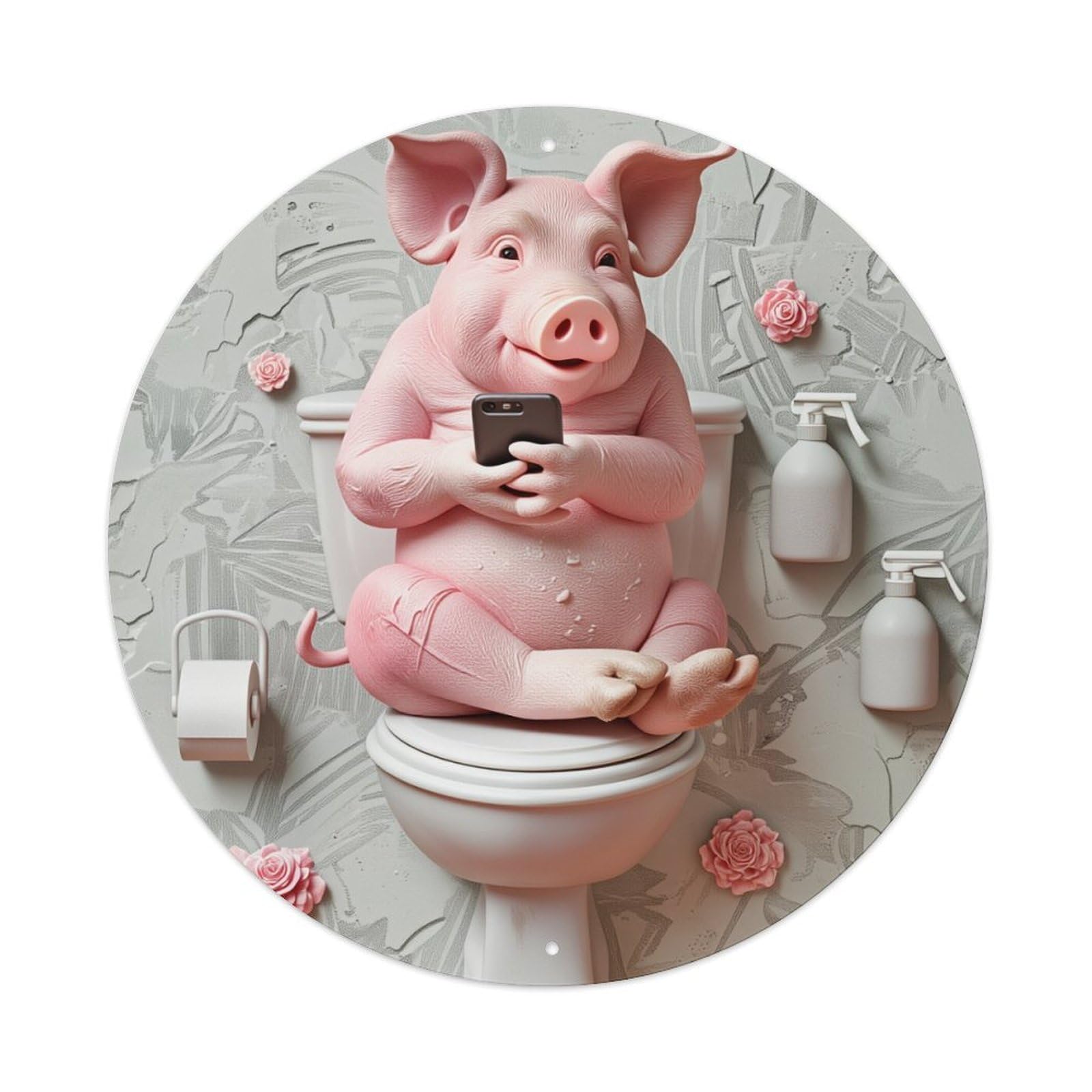 Pink Pig Toilet Phone Roses Round Metal Tin Sign Vintage Wall Decor, Bar Garage Cafe Kitchen Home Wall Art Poster 8x8inches