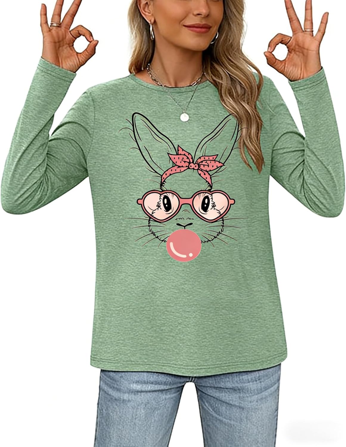 Easter Day T Shirts for Women-Bunny Shirt Cute Rabbit Graphic Tees Long Sleeve Holiday Tops - Image 5