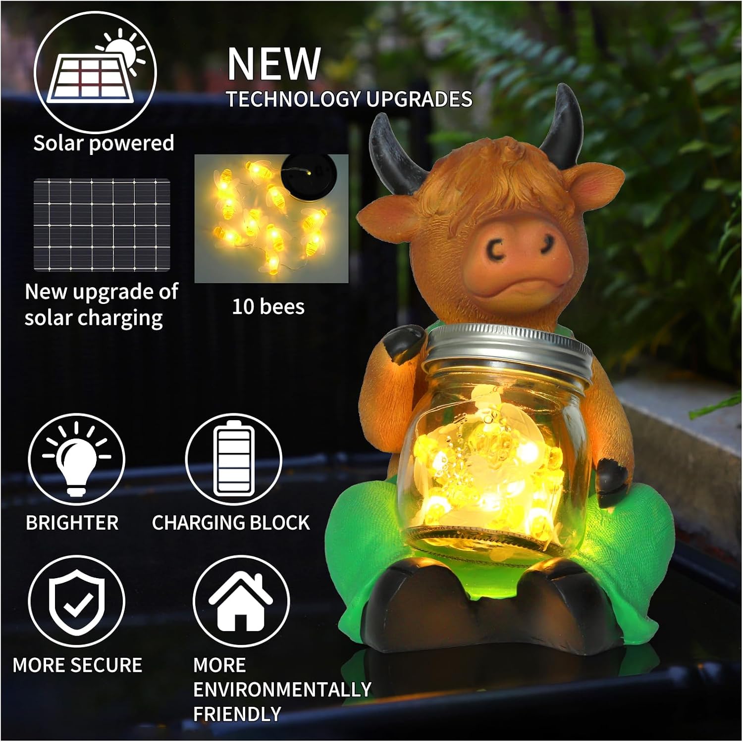 Solar Firefly Jar Highland Cow Waterproof - Garden Highland Cow Solar Outdoor LED Lights Resin Statues Lantern Figurines Decorations Birthday Housewarming Gifts for Mom Women