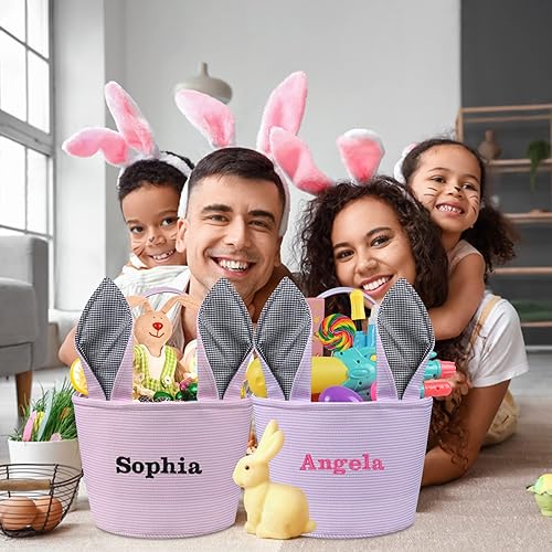 Miniatura 6 de Cesta de Pascua personalizada, cestas de Pascua de PEMIRSAYO para niños, cesta de conejo de Pascua, color rosa