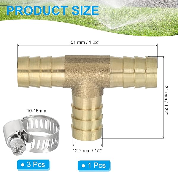 PATIKIL 1/2" Brass Tee Hose Barb Fitting, 3 Ways Union Intersection T Shape Barbed Split with Clamps for Air Water Fuel Gas Liquid, Golden - 2