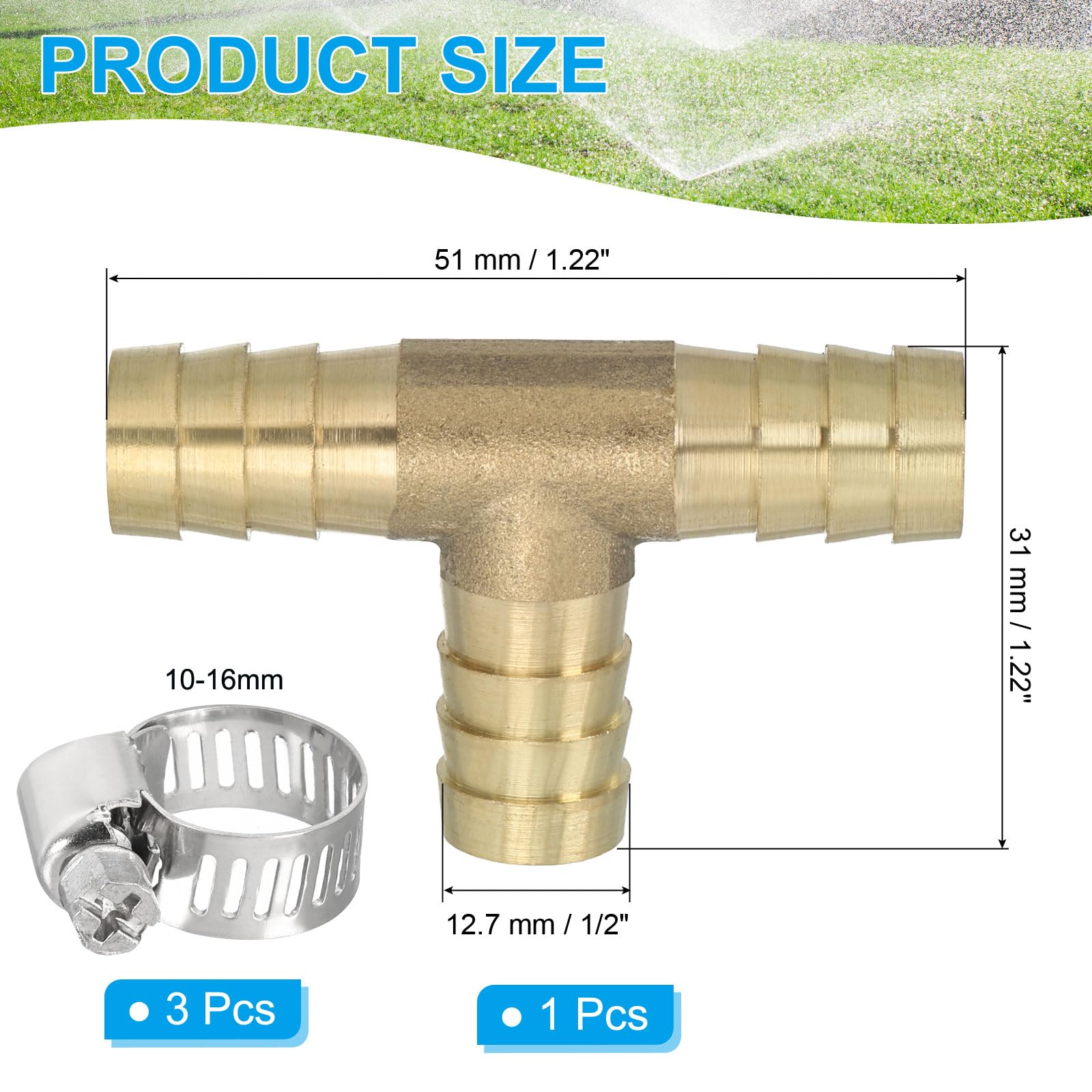PATIKIL 1/2" Brass Tee Hose Barb Fitting, 3 Ways Union Intersection T Shape Barbed Split with Clamps for Air Water Fuel Gas Liquid, Golden — view 2
