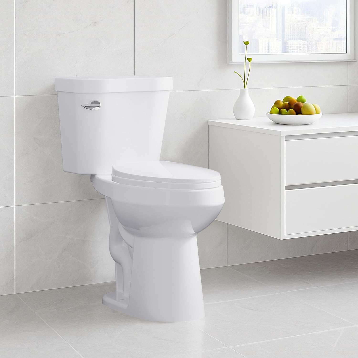 Two-Piece Toilet Chair-Height – Elongated Bathroom Toilet with Side Lever Flush, Comfortable High-Rise Design for Seniors, Adults, and Home Bathroom Upgrades