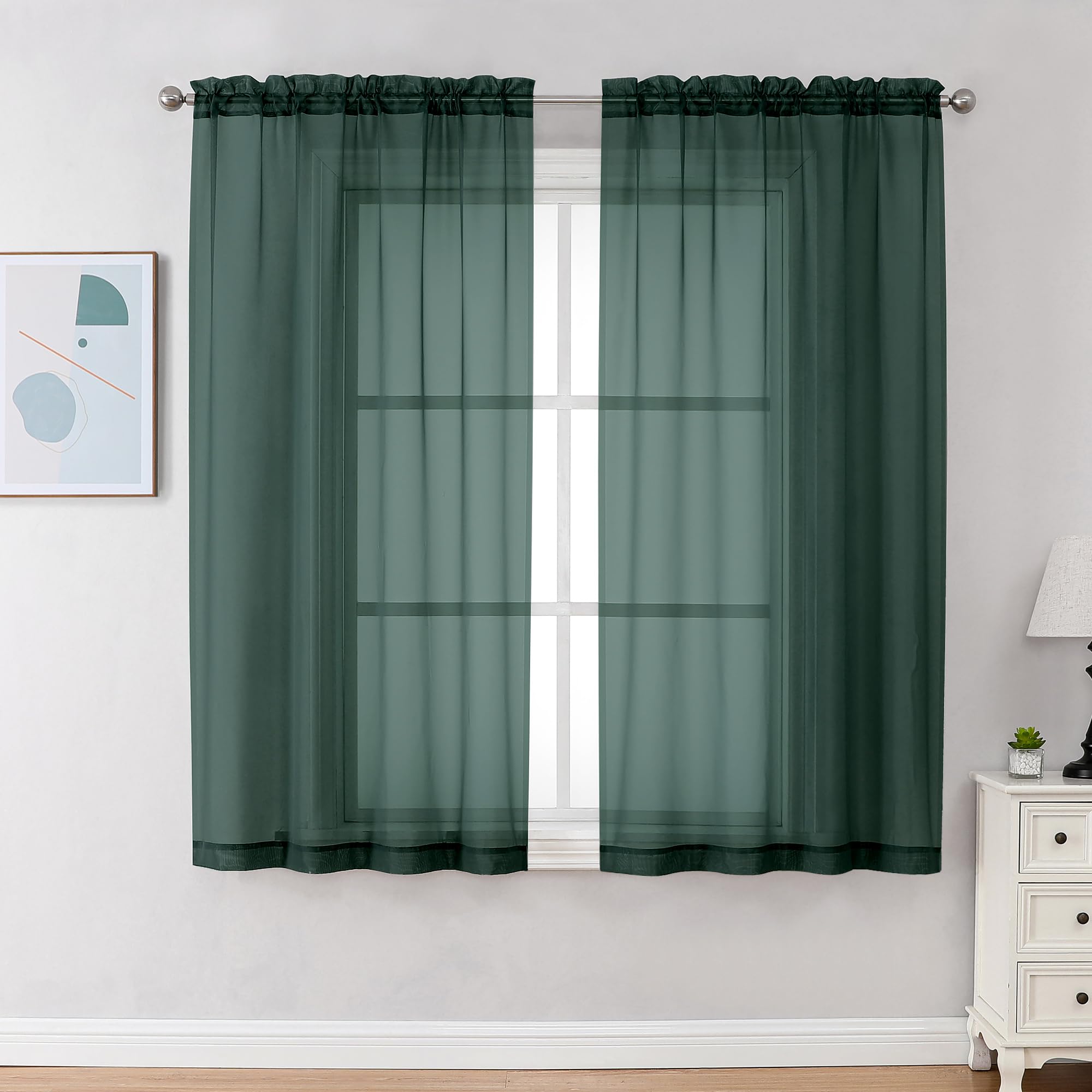 Chyhomenyc Hunter Green Sheer Curtains 54 Inch Long 2 Panels Set, Short Voile Rod Pocket Drapes for Dinning Small Windows Bathroom Living Room Bedroom, Each 42Wx54L in, 2PCS