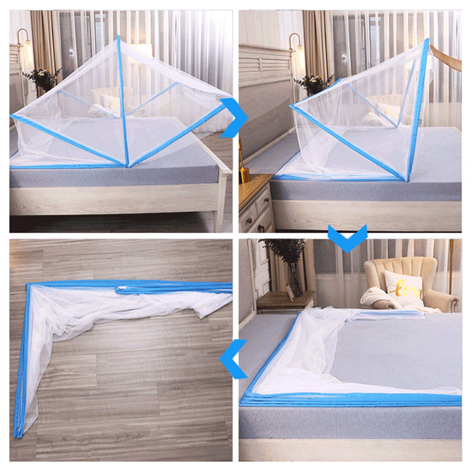 Zanzariera Pieghevole ad Arco Portatile, copriletto a baldacchino Pieghevole per casa e Viaggi, Misura Universale 80x190 cm, Blu, Protezione per Bambini e Adulti.