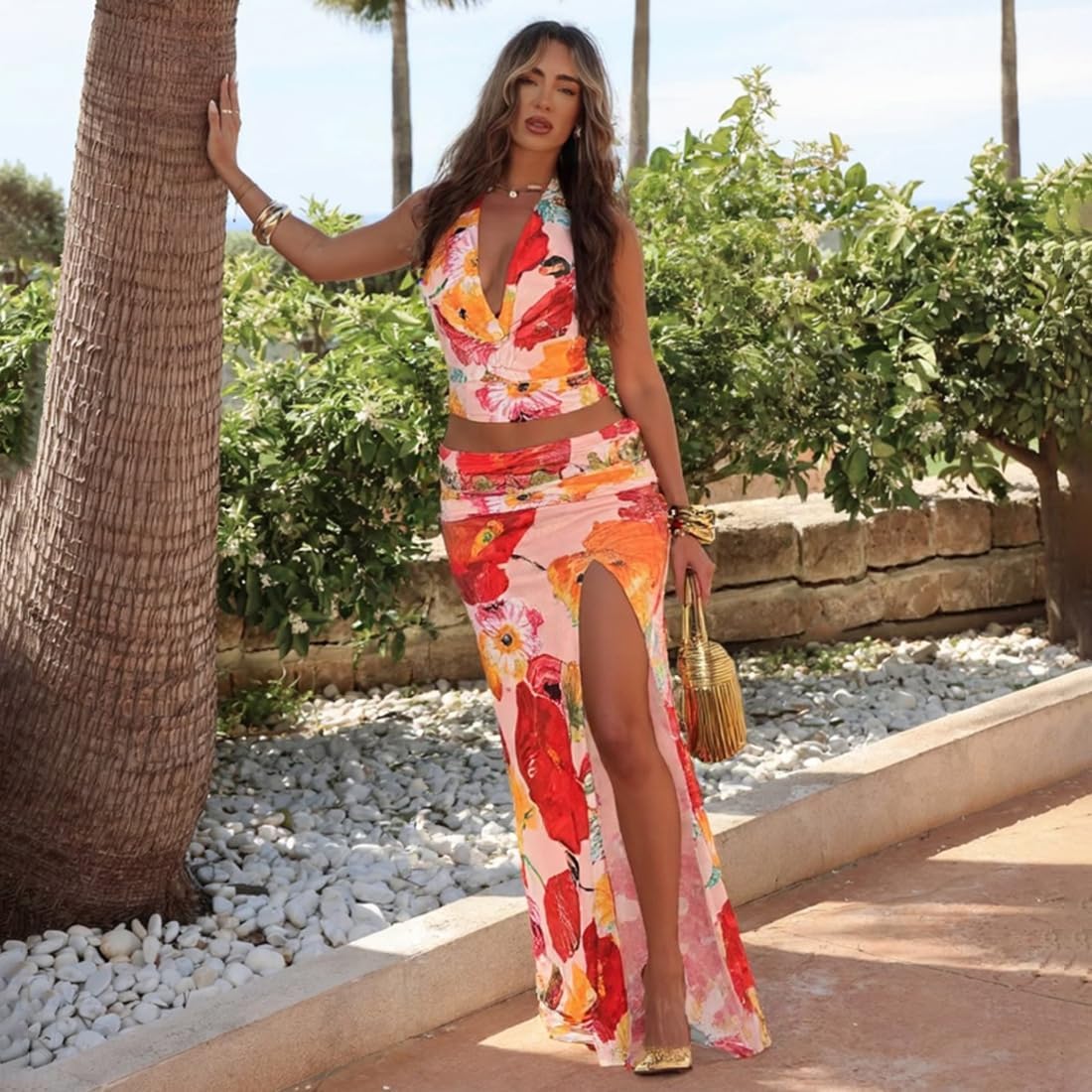 Maxi Skirt Sets Women 2 Piece Outfits Stretchy Halter Neck Backless Sexy Vacation Outfits for Women 2026 - Image 4