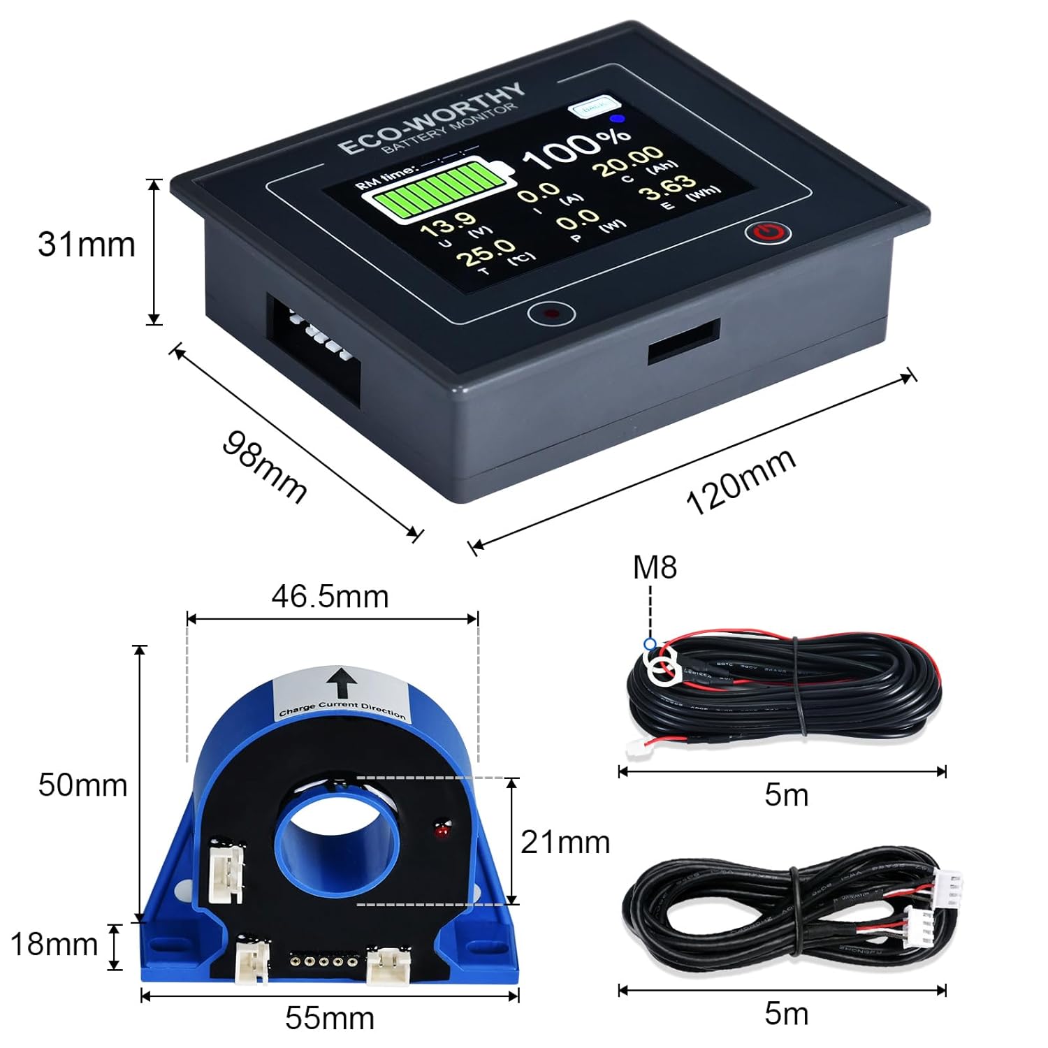 Battery monitor components and dimensions