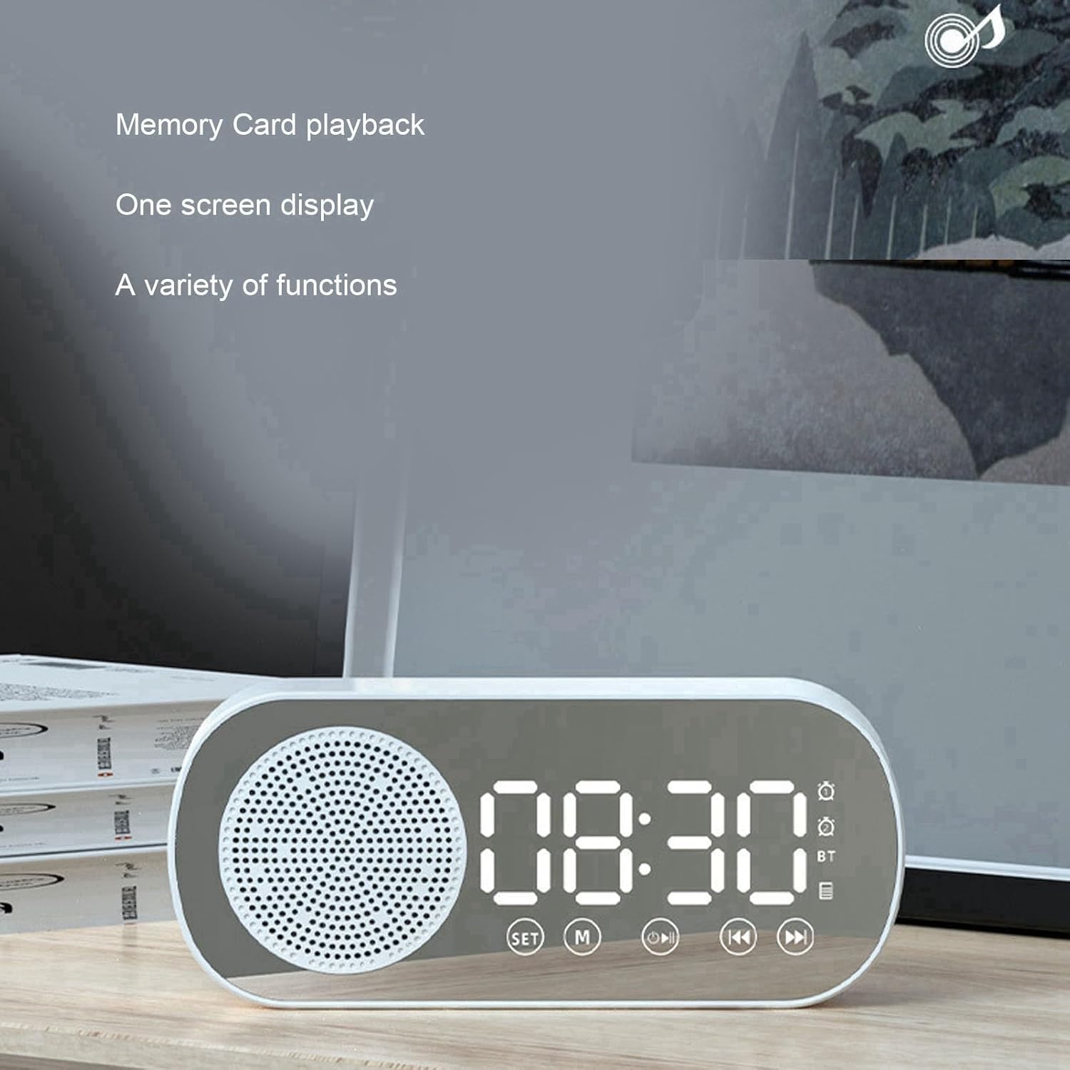 Alarm clock displaying time with text 'Memory Card playback'