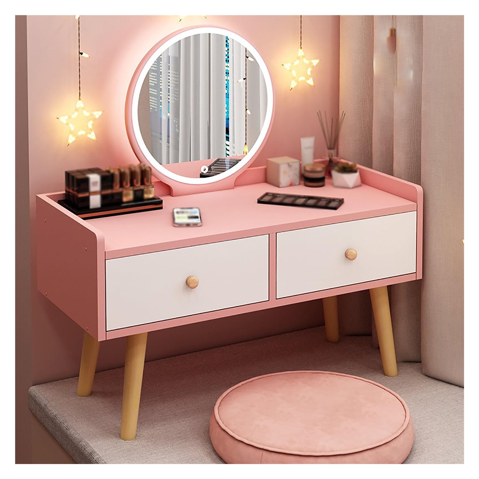 Tocador De Maquillaje con Espejo Y Luces, Luz LED Ajustable En Tres Niveles, Dos Cajones Y Borde Elevado For Dormitorio Y Estudio, Tocador De Maquillaje For Niñas(Rosa)