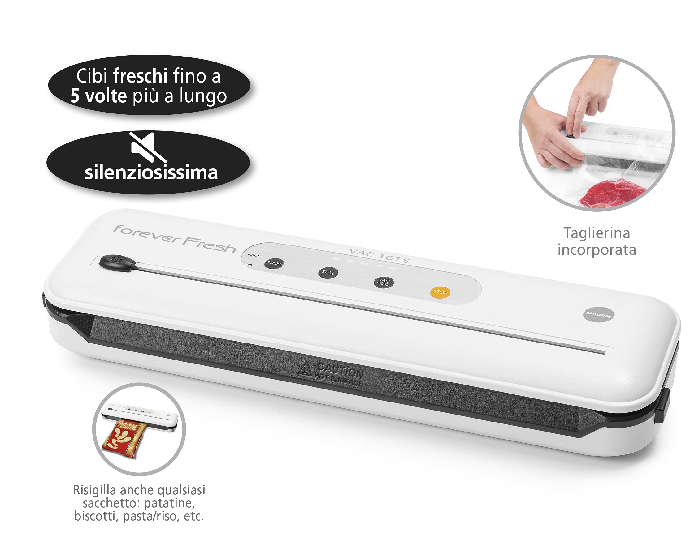MACOM Superkompakte und sehr leise Vakuumiermaschine, ausgestattet mit integriertem Schneidegerät und doppelseitiger Dichtleiste, Vakuumfunktion Behälter, Forever Fresh VAC 1015