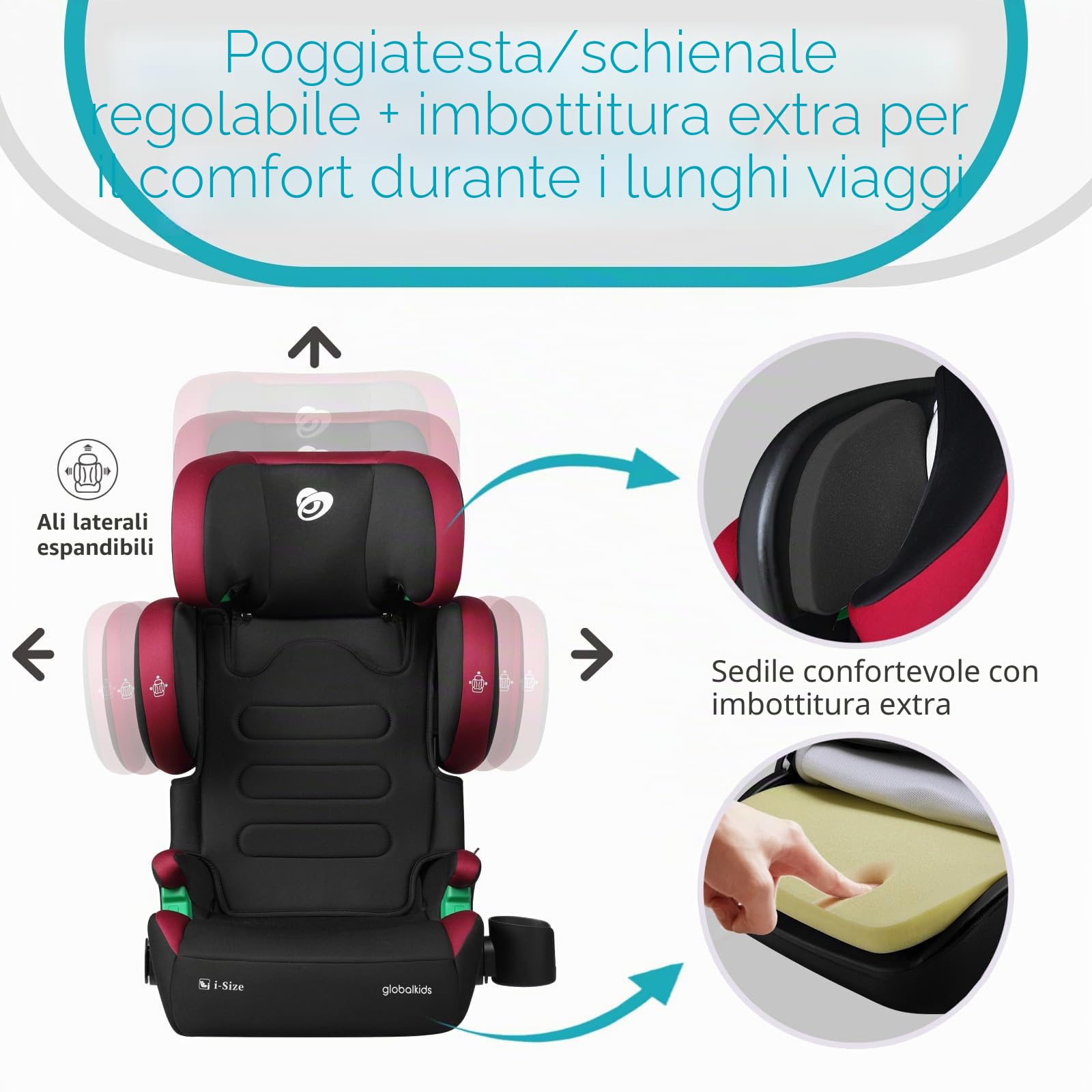 globalkids Seggiolino auto per bambini da 15 a 36 kg, seggiolino auto con Isofix, i-Size R129, rialzo seggiolino per bambini, da 3,5 a 12 anni (da 100 a 150 cm), braccioli e poggiatesta regolabili in
