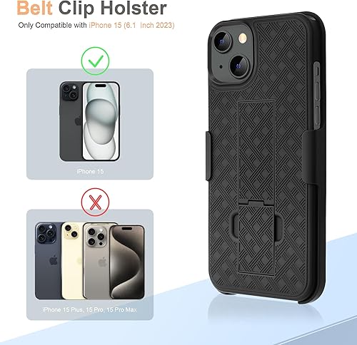 Miniatura 8 de Fingic Funda para iPhone 15, iPhone 15 con clip para cinturón, funda delgada combinada con soporte giratorio para cinturón, funda protectora
