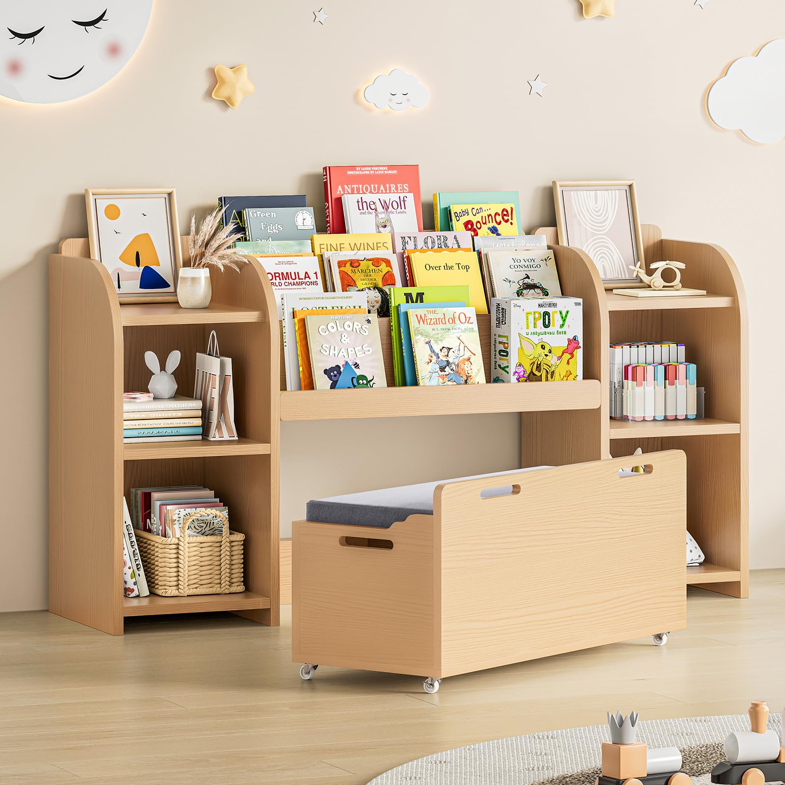 ONBRILL Kids Bookshelf with Reading Nook, 55.2" Toy Storage Organizer, 6 Storage Cubbies, Kids Bookcase with 3-Tier Bookshelf