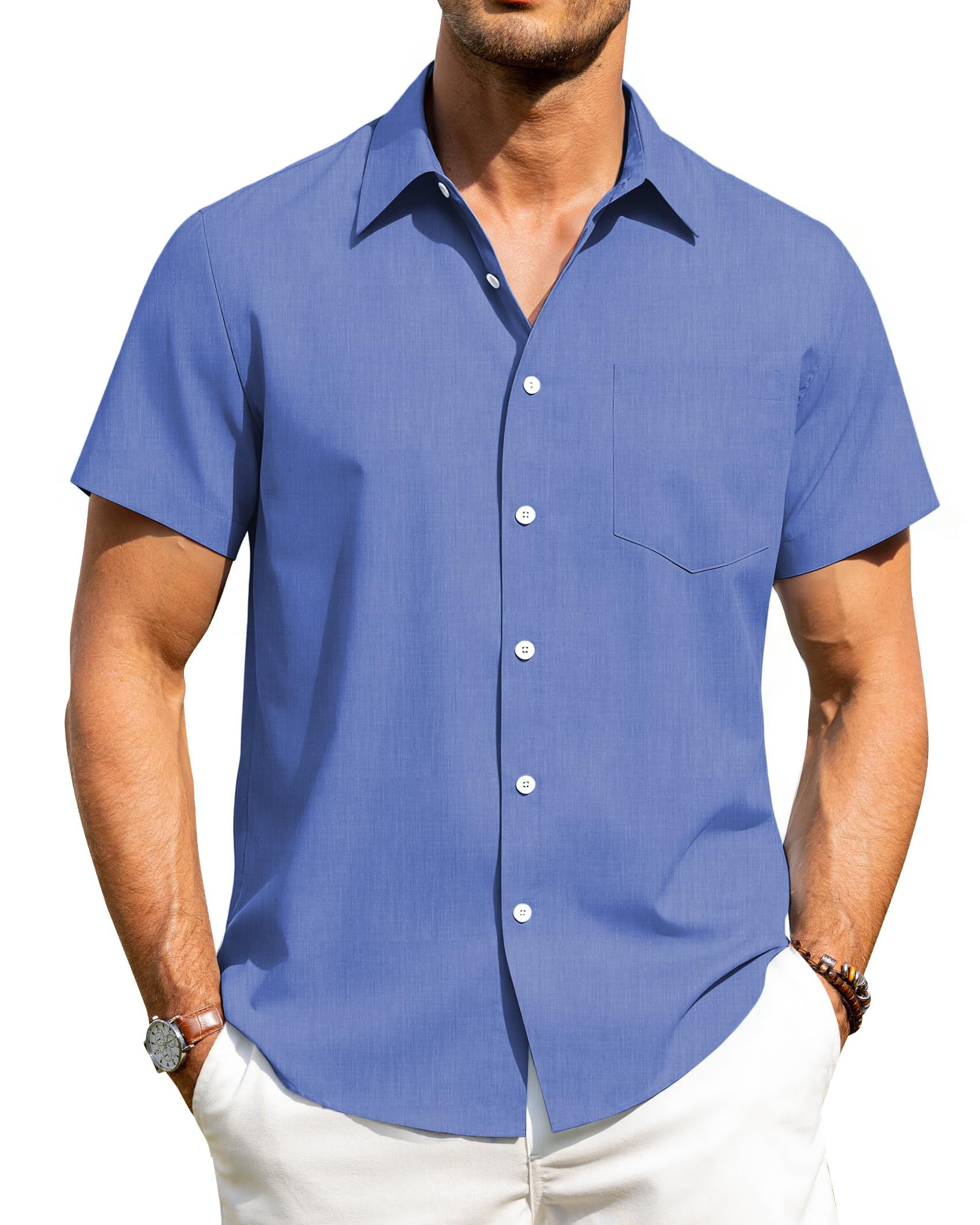 HMIYA Herren Hemd Kruzarm reizeit Button Down Shirt Sommer Strandhemd Freizeithemd Regular mit Tasche