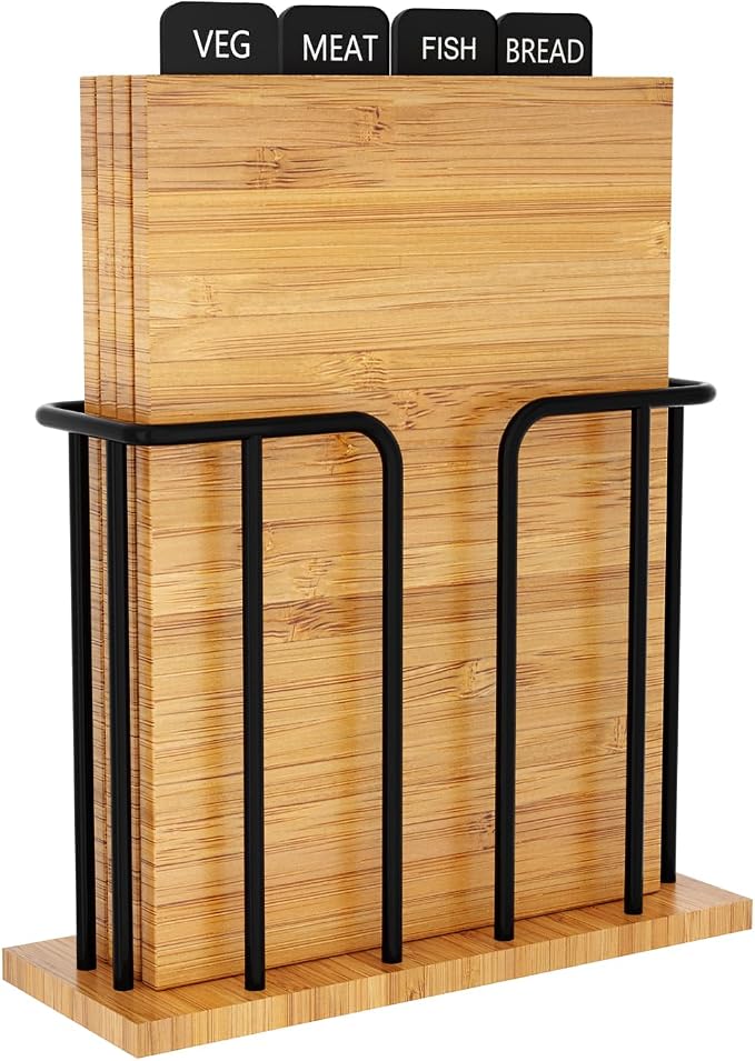 Cutting Boards For Kitchen,4-Piece Wood Cutting Board Set with Storage Rack,Durable Kitchen Wooden Cutting Board,Ideal Chopping for Meat,Fish,Vegetables and Bread