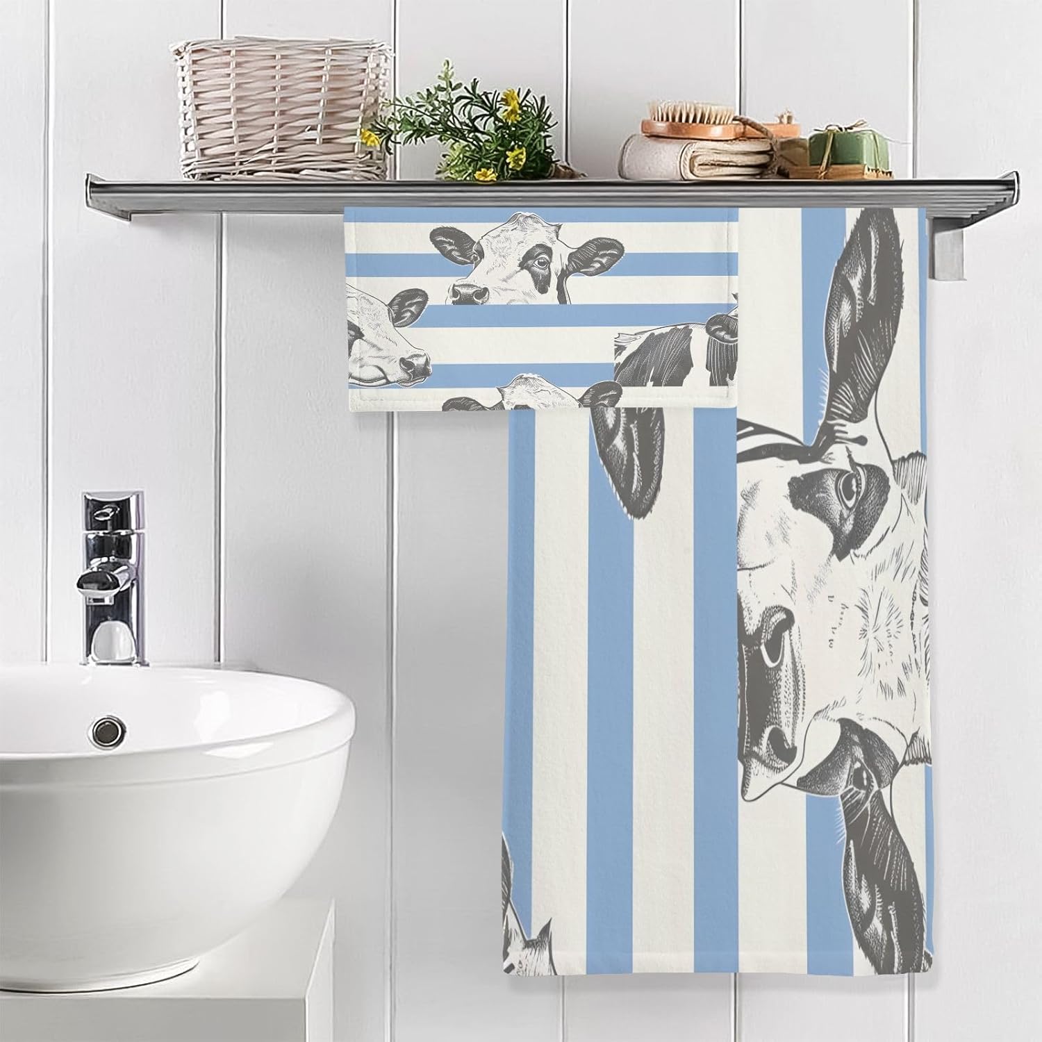 Hand Towels Premium Soft and Highly Absorbent Cows on Striped 2 Pcs Towels for Bathroom Set 100% Cotton Decorative Face Towels