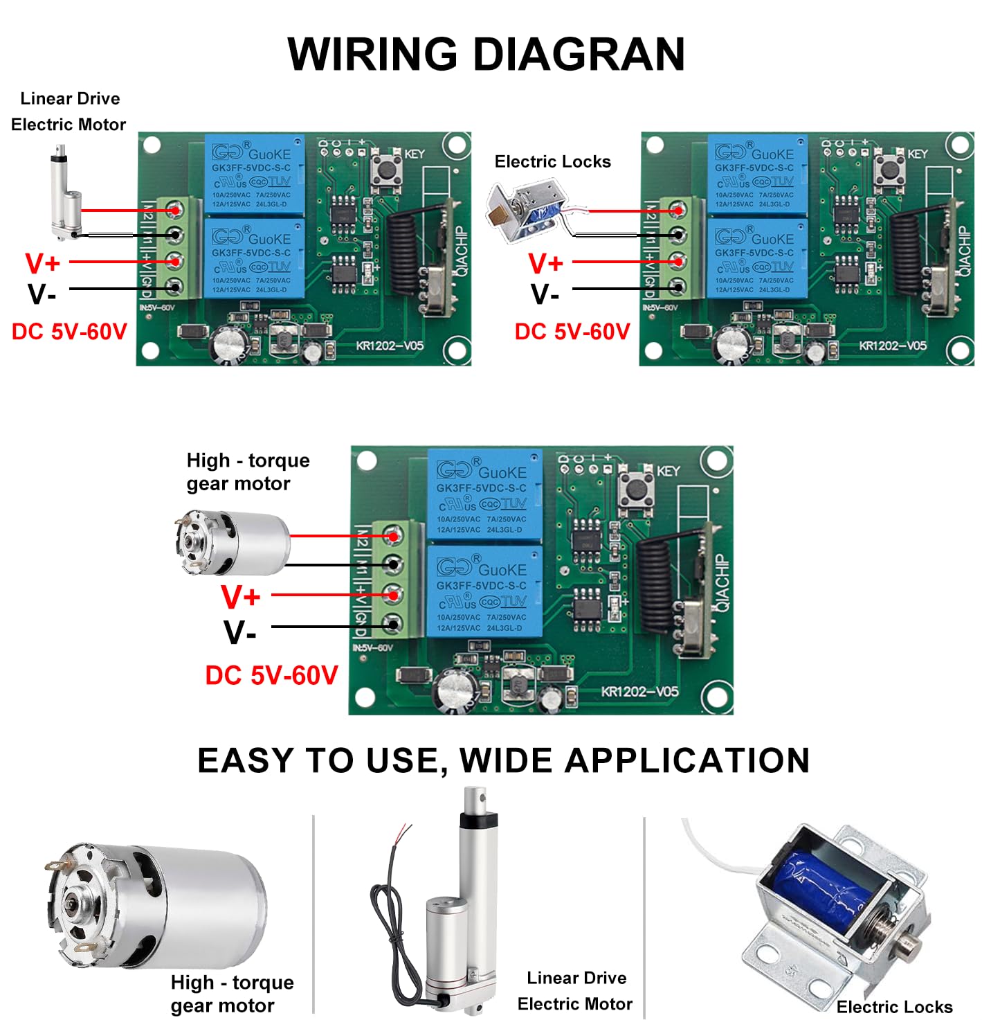 Contrôleur de moteur DC 12V DC, Commutateur de télécommande sans fil RF 433Mhz 10A Récepteur de relais avec 4 émetteurs, pour la rotation avant et arrière des moteurs, porte de porte, volet roulant