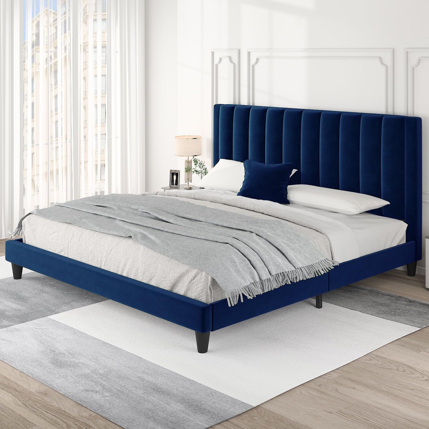 SUHAVI Upholstered Bed Queen Size Without Storage 78x60 Solid Sheesham Wood Modern Premium Fabric Upholstery Cushion Headboard | Queen Bed for Bedroom Wooden Double Bed Cot |Blue-image-45