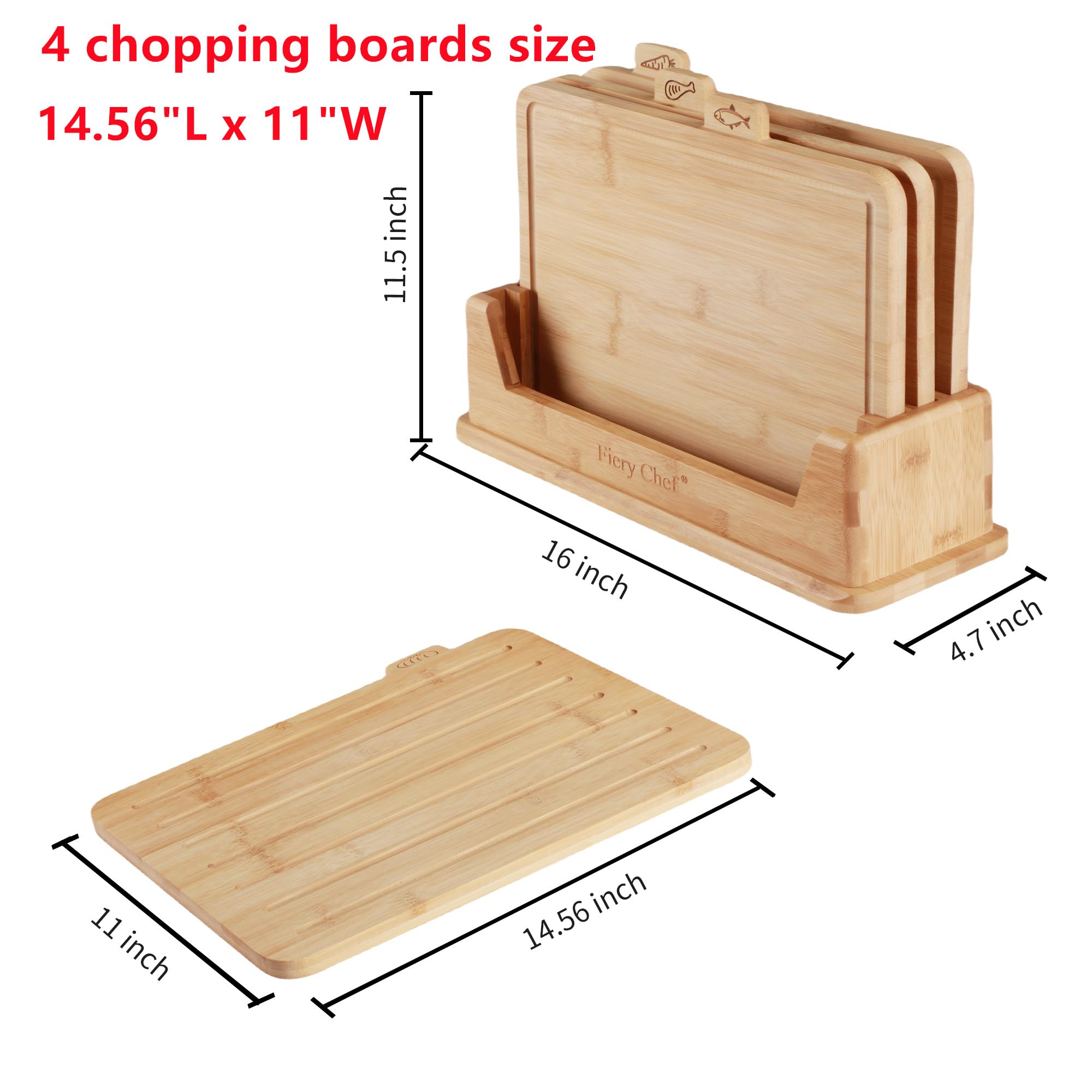 Fiery Chef Juego de 4 tablas de cortar de bambú grandes, juego de tablas de cortar de madera con soporte, juego de tablas de cortar con iconos de alimentos, ranura para jugo, ideal para carne,
