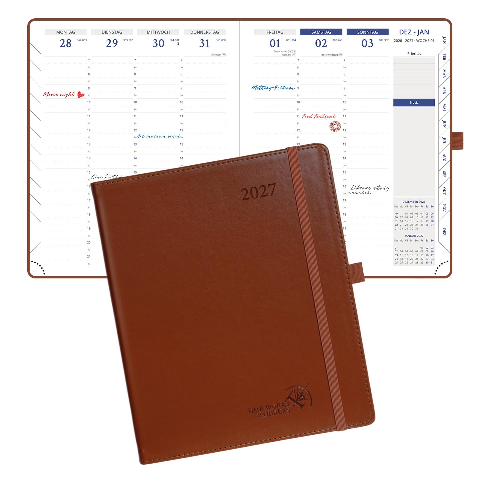 POPRUN Kalender 2027 A5 + auf Deutsch Wochenplaner mit PU-Softcover | Terminplaner,(Jan.2027-Dez.2027),Wochenplaner mit 30-Minuten-Taktung,Monatsregister,100 GSM Papier(Braun)